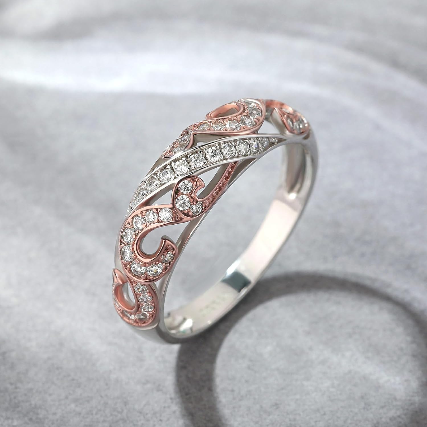 Jeulia Engagement Leaf Vines Rings for Women, 925 Sterling Silver Rose Gold Plated Rings Diamond Round Cut Wedding Band Promise Anniversary Romantic Jewelry Gift with Box