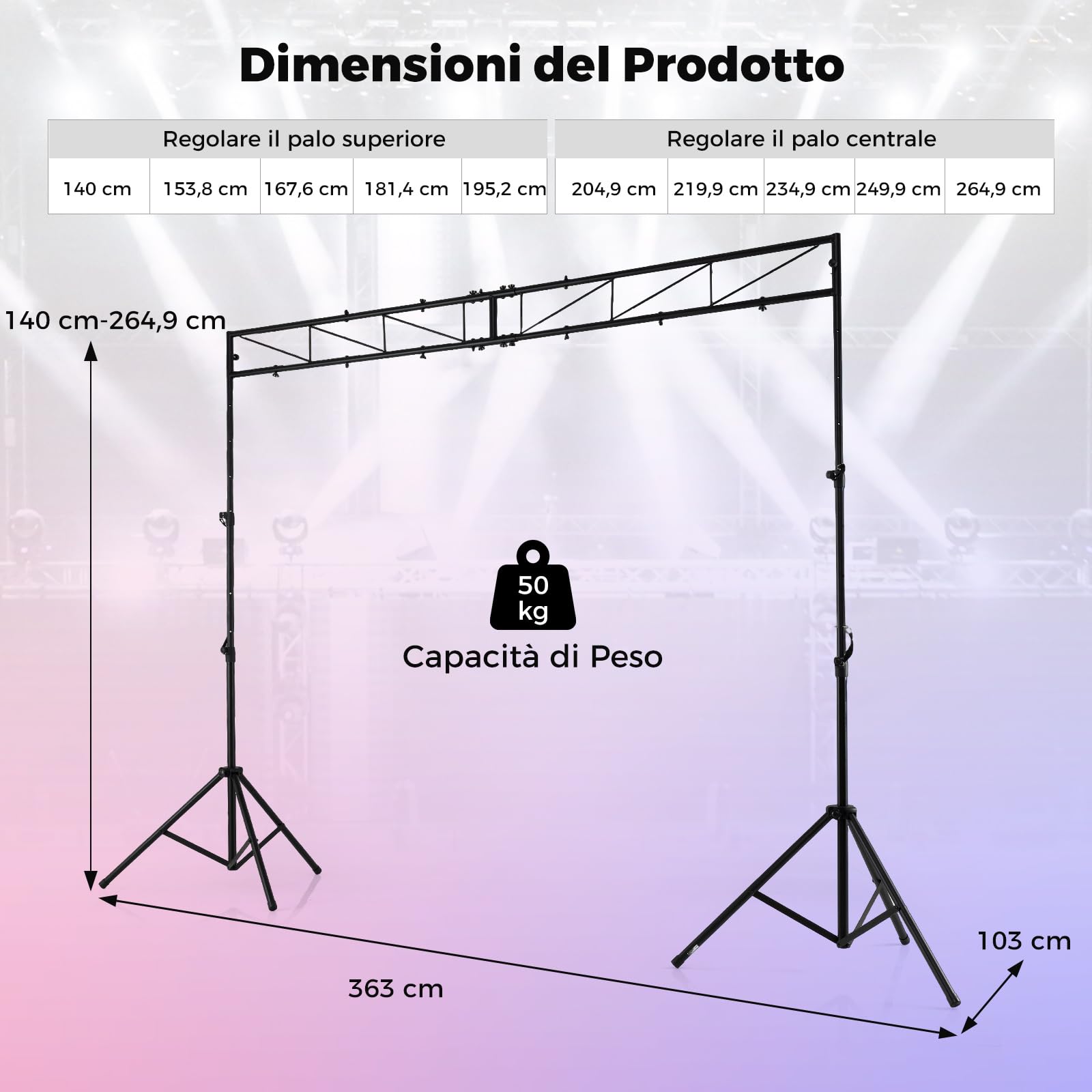 COSTWAY Supporto Luce a Traliccio, Traliccio Luci Regolabile in Altezza 140-264,9 cm con Piedini Antiscivolo, Treppiede Stabile in Ferro, Portata 50 kg, Pieghevole per Palco, Eventi, Feste e Concerti