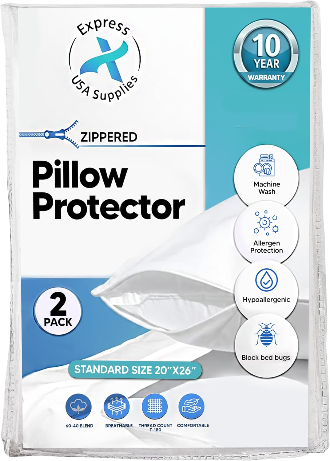 Pillow Protector Standard Size- Pack of 2 Non-Waterproof, Soft & Comfortable, Hypoallergenic, Breathable, Machine Washable - Fits (Machine Washable)