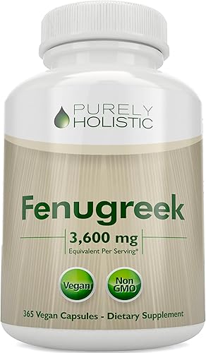 Purely Holistic Cápsulas de fenogreco de 3600 mg - 365 cápsulas veganas - Suplemento de lactancia - de semillas de fenogreco - Extracto concentrado