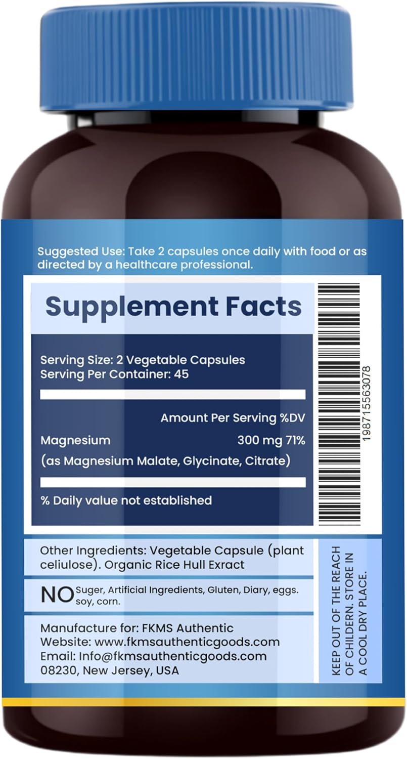 Triple Magnesium Complex Supplement 300mg | 3 in 1, Magnesium Glycinate, Malate, and Citrate | Vegan, Non-GMO | High Absorption | 90 Capsules - Image 2