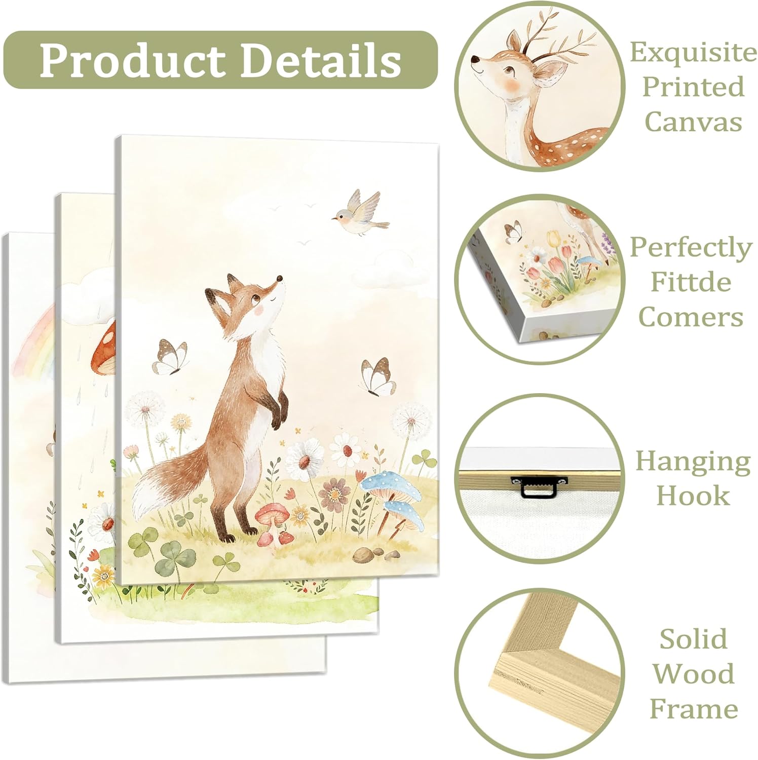 Woodland Animal Nursery Canvas Wall Art Set of 3, Fox Bear Deer Canvas Prints Watercolor Animals Paintings, Ready to Hang Baby Room Decor for Boys Girls Toddler Kids Bedroom Home Decoration