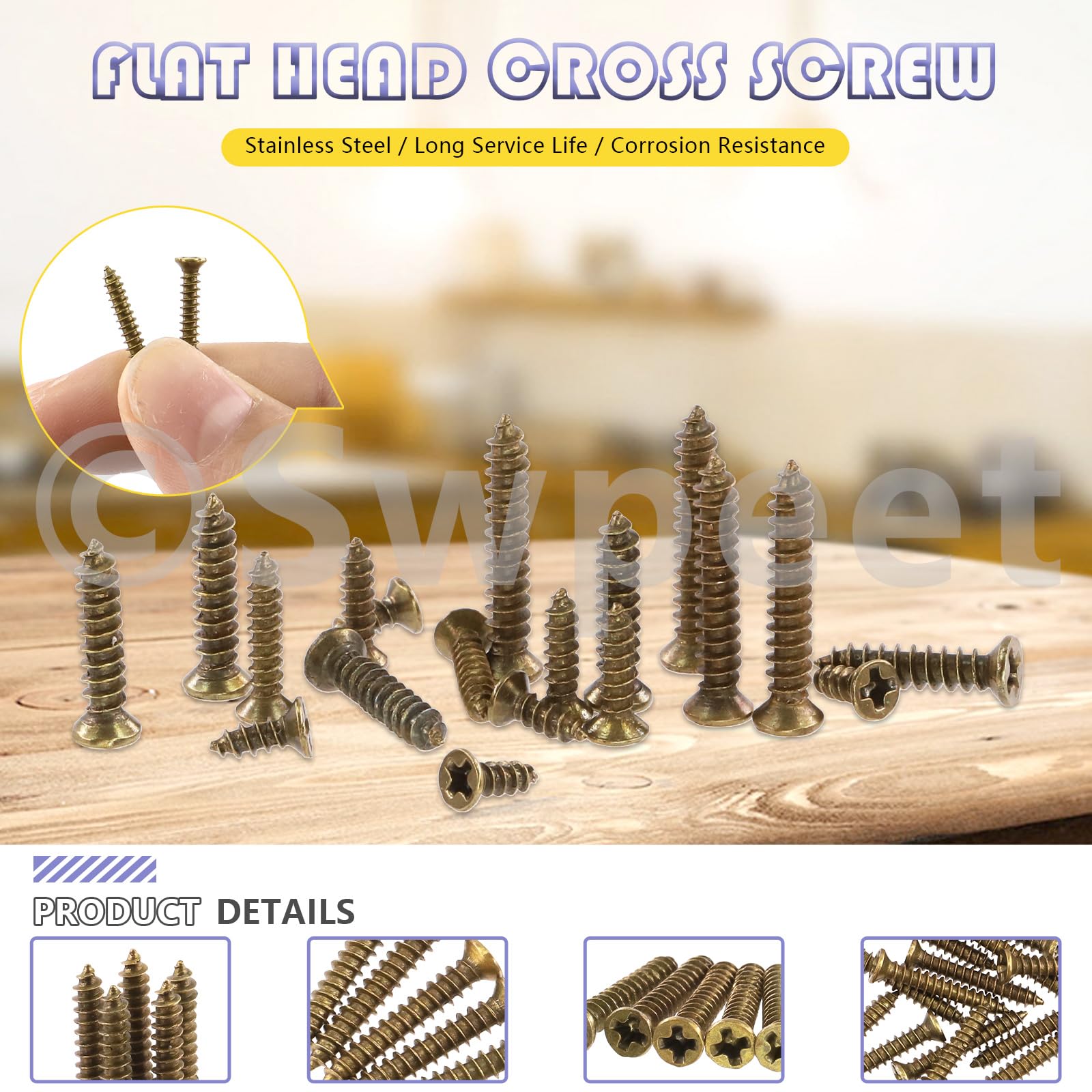 Swpeet 1300Pcs 5mm-16mm Small Wood Screws Assortment Kit, Self Drilling Flat Cross Head Screws, Bronze, 2mm x 5mm, 2mm x 6mm - Image 4