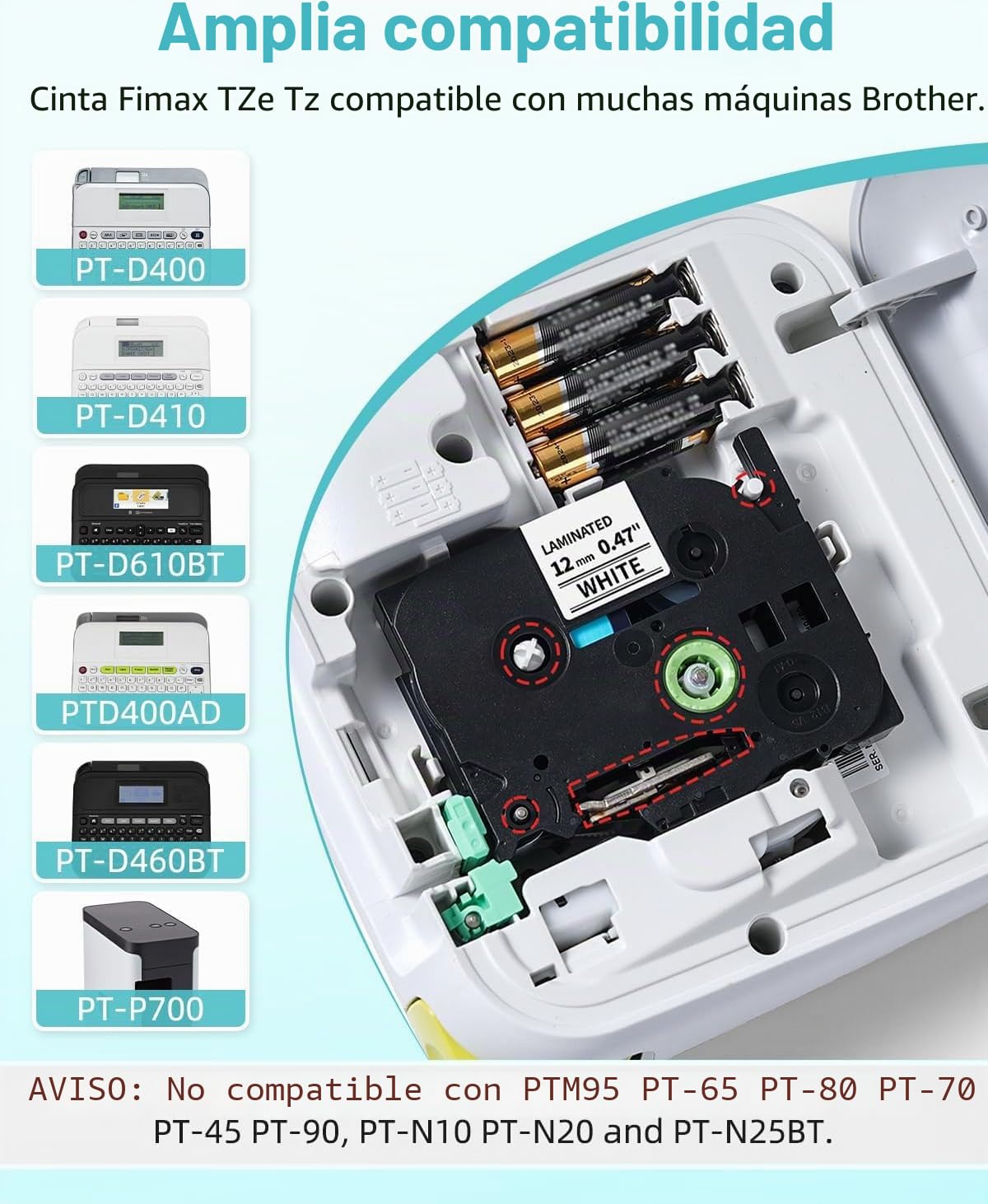 5x Fimax tze-231 12mm 0.47 Negro sobre Blanco Reemplazo para Brother P-touch Label Tape TZe231 TZ231, para PT-H100LB PT-P300BT PT-1010 GL-H105 PT-H100R PT-H108GT PTH107B