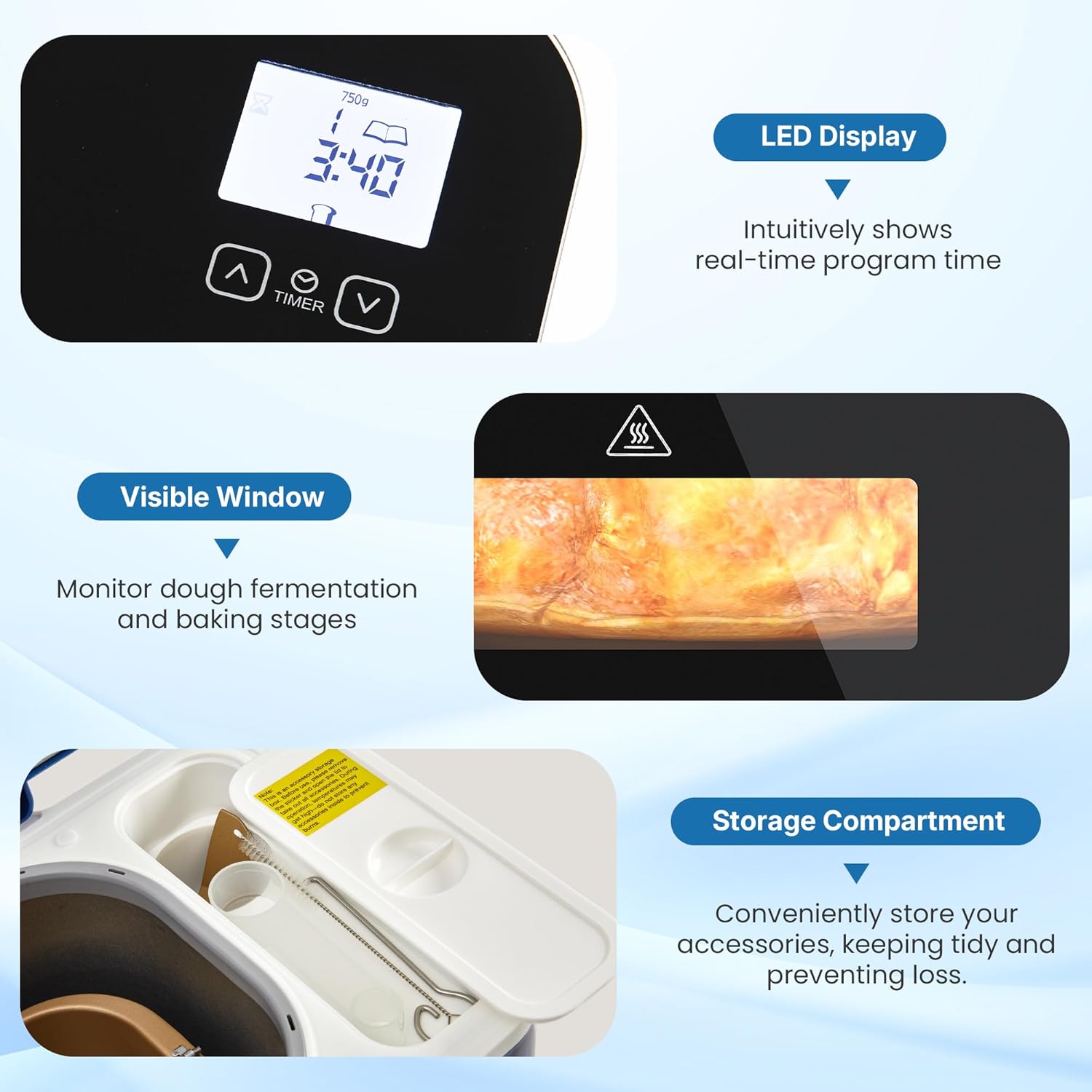 2.2LB Bread Maker, 21-in-1 Programmable Bread Machine with Digital Touch Panel, 3 Loaf Sizes 3 Crust Color, Keep Warm, 15H Timer, Blue Bread Making Kit & Breakfast Maker with Nonstick Pan