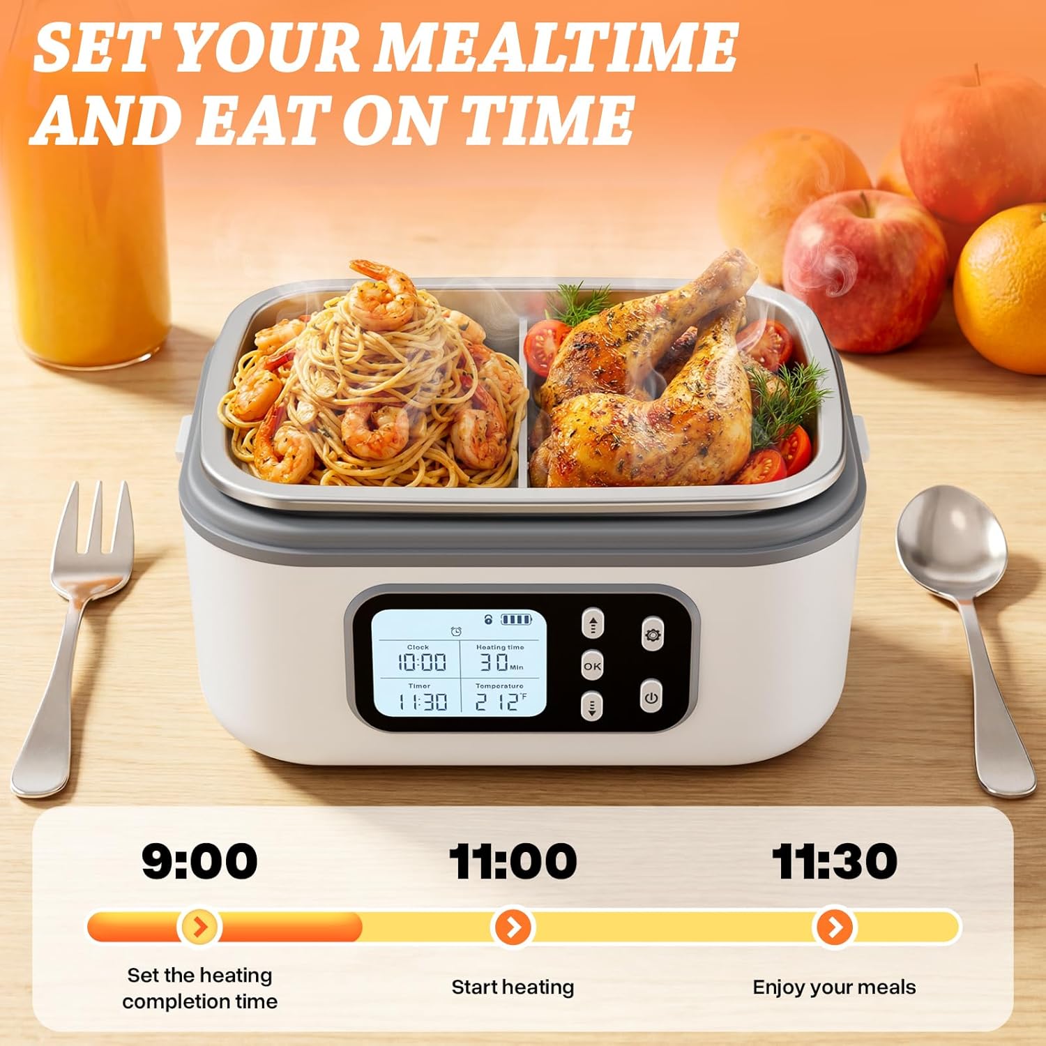 SOUOA Cordless Heated Electric Lunch Box for Adults with Automatic Heating,100W Portable Food Warmer Battery Powered for Men/Work/Car/Truck with 1.5L 304SS Container lonchera eléctrica portátil(White)
