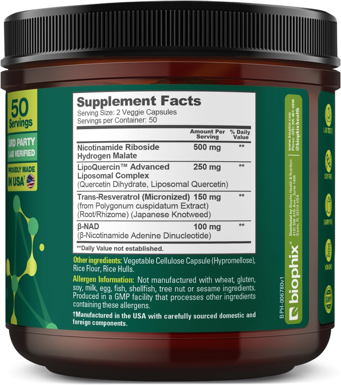 biophix NAD+ Liposomal Supplement for Women & Men - 1000 mg per Serving - Nicotinamide Riboside, Micronized Resveratrol & Quercetin Complex - 100 Veg Capsules - Non-GMO, Gluten-Free, cGMP Certified