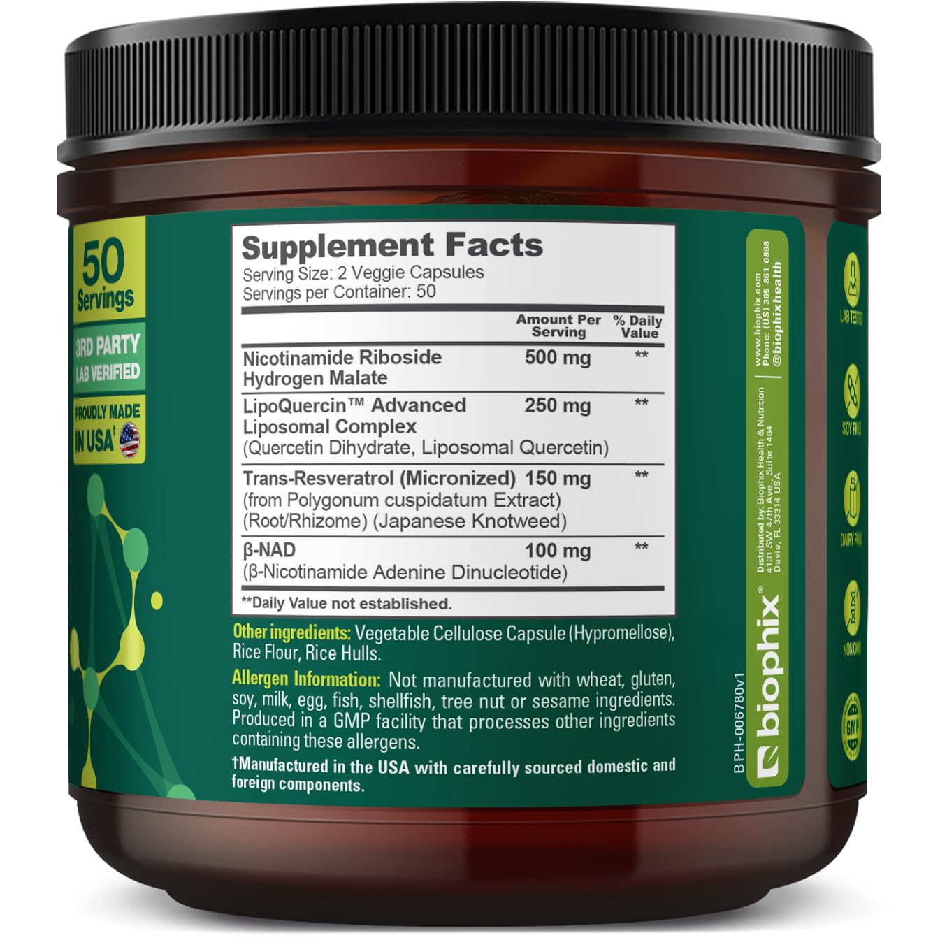 biophix NAD+ Liposomal Supplement for Women & Men - 1000 mg per Serving - Nicotinamide Riboside, Micronized Resveratrol & Quercetin Complex - 100 Veg Capsules Gluten-Free, cGMP Certified — Amazon image 8