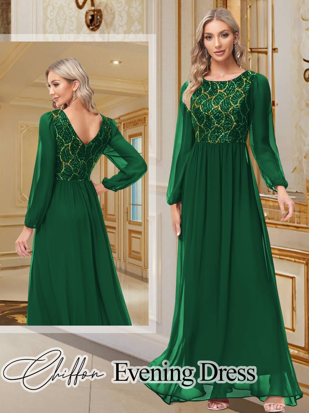 Women's Evening Gowns Dress Long Sleeves Sparkly Sequin Chiffon Formal Cocktail Maxi Ball Party Dresses - Image 4