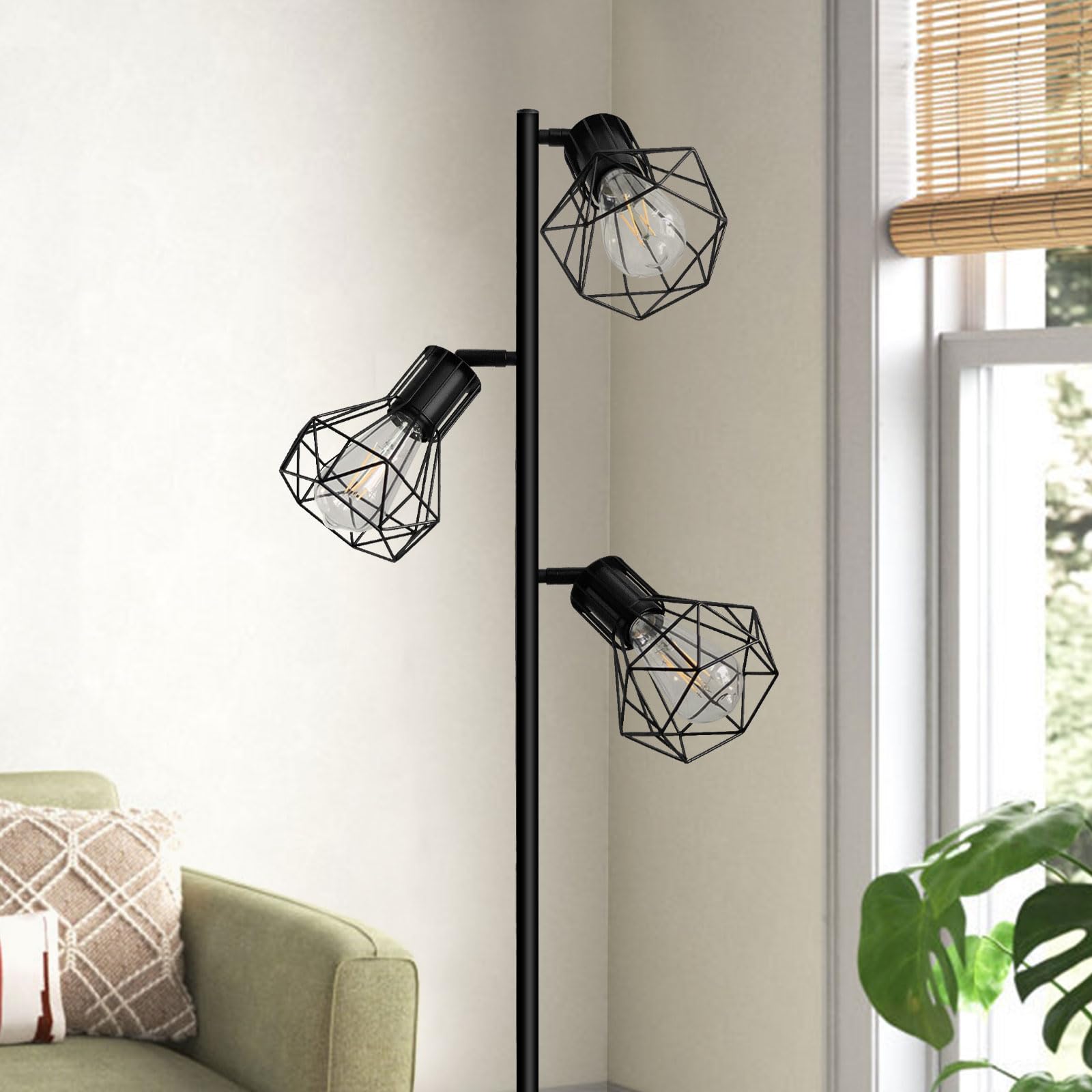 BBHome Lampada da terra industriale, lampada da terra ad albero di fattoria con teste a gabbia regolabili, lampade da terra rustiche per ufficio camera da letto soggiorno, nero (lampadine non incluse)