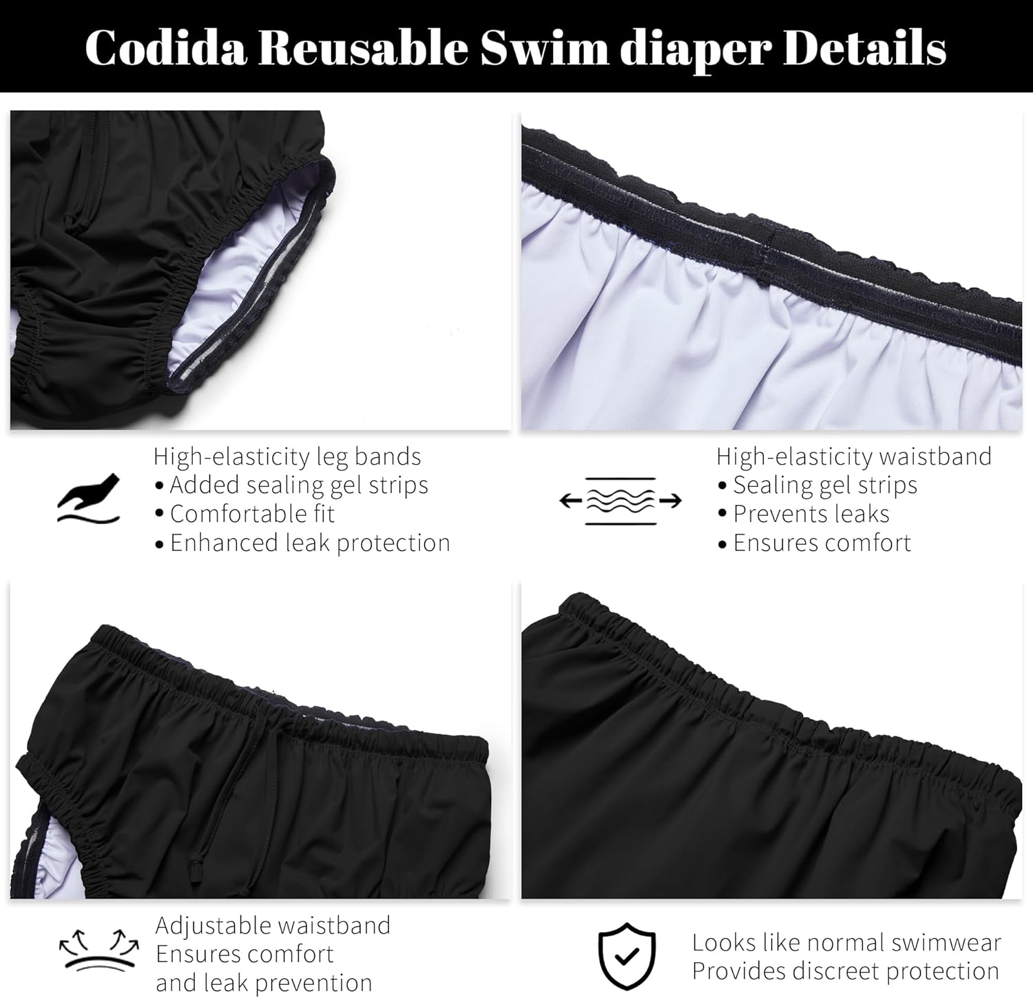 3T to Youth Reusable Swim Diaper Washable Incontinence Underwear for Special Needs Kids Waterproof Covers（Black，8-10） - Image 4