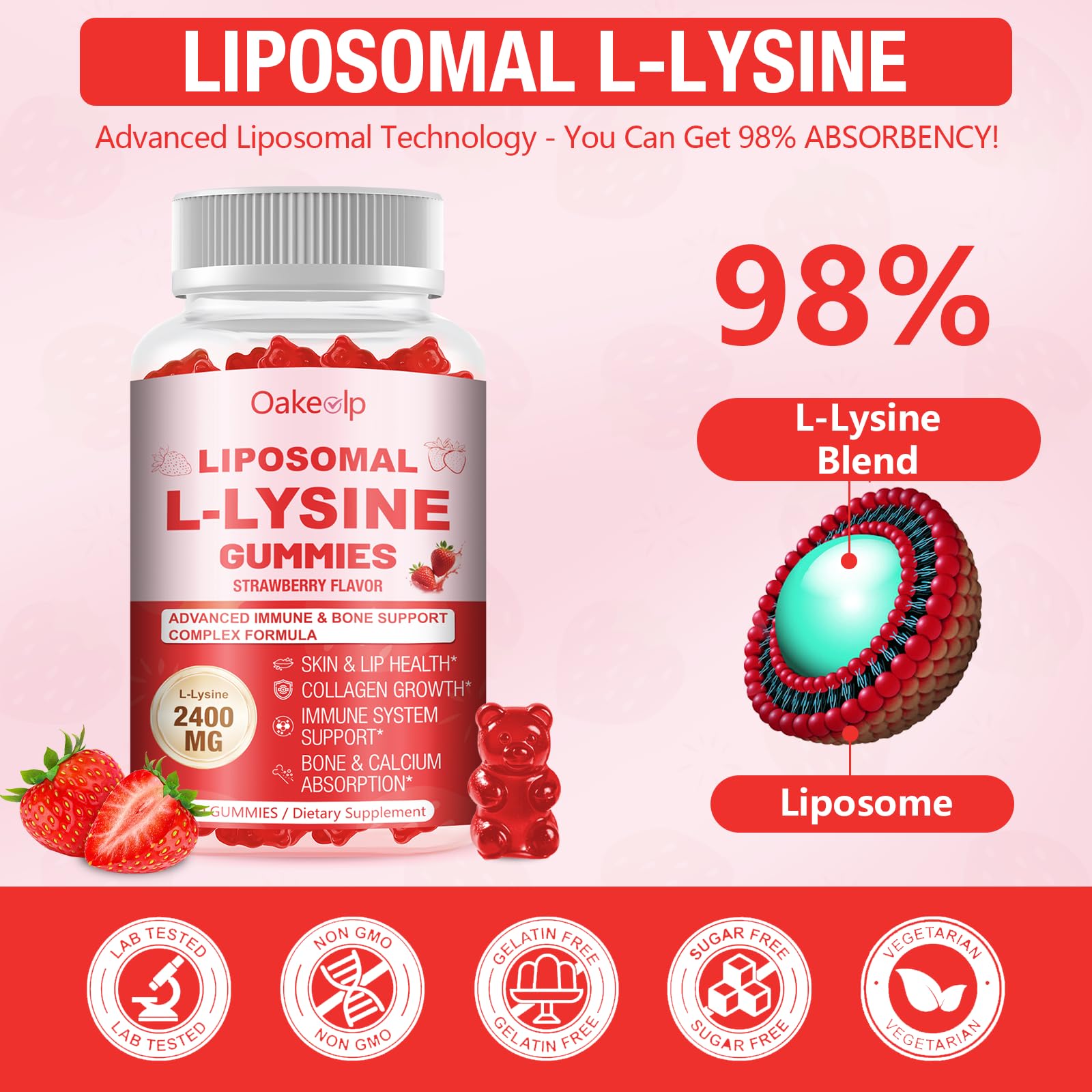2 Pack Liposomal L-Lysine 2400mg & Vitamin C 1000mg Gummies - with D3 K2 Zinc, Magnesium, Echinacea - for Lips & Oral Wellness,Immune Support, Skin Health & Energy Boost — Amazon image 3
