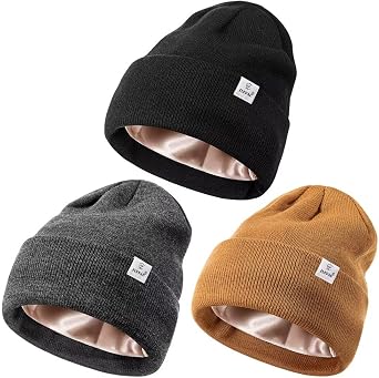 3 Pack Satin Lined Winter Beanie Hats for Women Men,Silk Lined Womens Beanies Knit Soft Warm Cuffed Hat