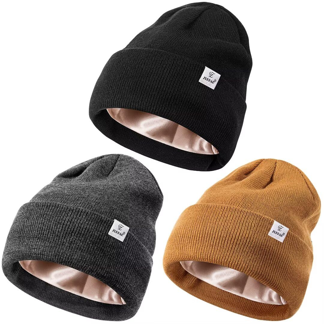 3 Pack Satin Lined Winter Beanie Hats for Women Men Silk Lined Womens Beanies Knit Soft Warm Cuffed