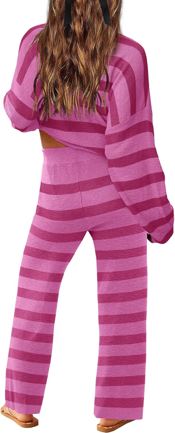LAMISSCHE Oversized Womens Lounge Set Striped Sweater Set Long Sleeve 2 Piece Pajama Set Top and Pants with Pockets