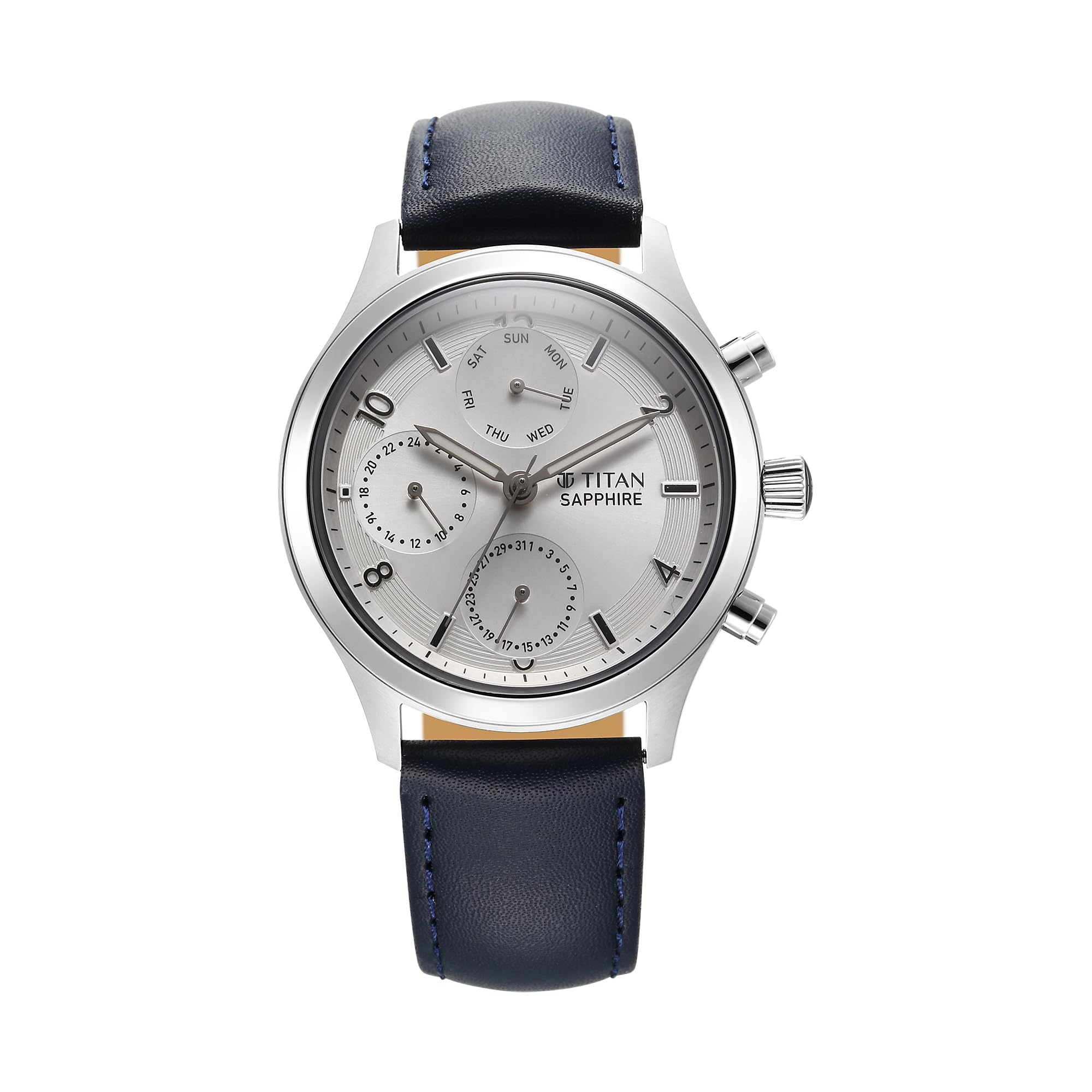 Titan Sapphire Quartz Multifunction Silver Dial Blue Leather Strap Watch for Men - NT1874SL04-image-26