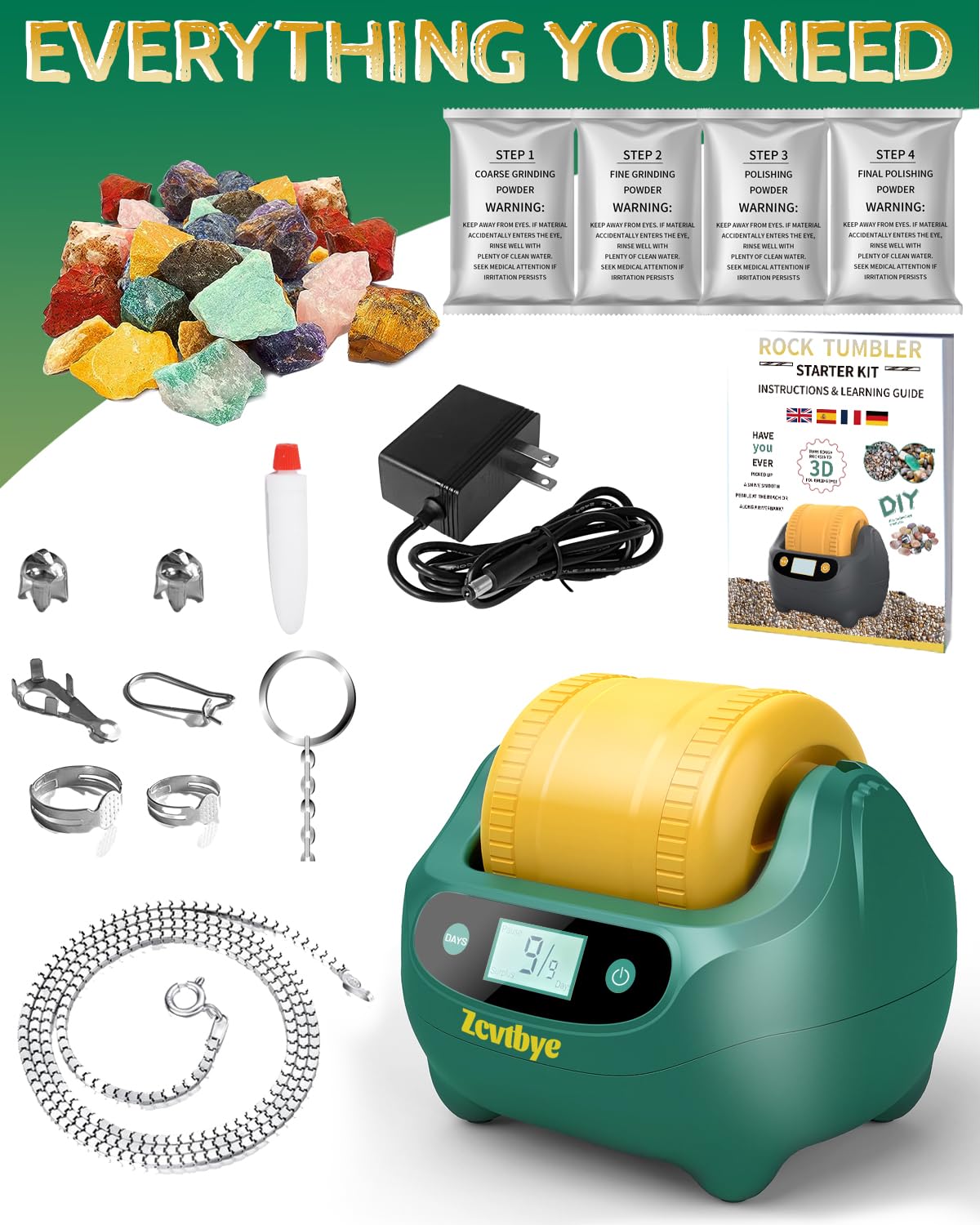 Rock Tumbler Kit, lucidatrice per roccia con timer digitale di 9 giorni, kit completo per la lucidatura delle rocce, design a doppio strato, design con riduzione del rumore, macina include bicchiere