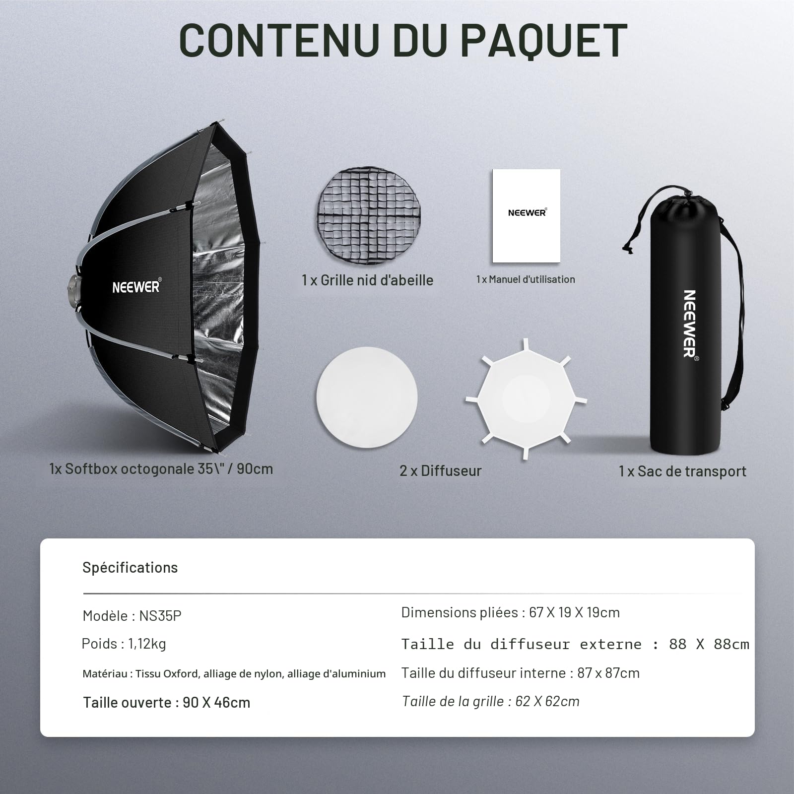 NEEWER Boîte à lumière octogonale de 90cm, support Bowens à dégagement rapide avec grille en nid d'abeille,Sac pour RGB CB60 CB60B CB200B MS60B MS60C MS150B S101-300W/400W Pro Vision 4 Q4, NS35P