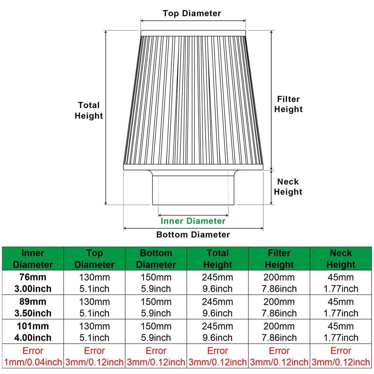 Filtro aria conico universale 76 mm, 89 mm, 101 mm, ad alte prestazioni, ingresso aria, cono rotondo, filtro aria detergente per auto da corsa, sport, 3 misure in 1 (nero-grigio)