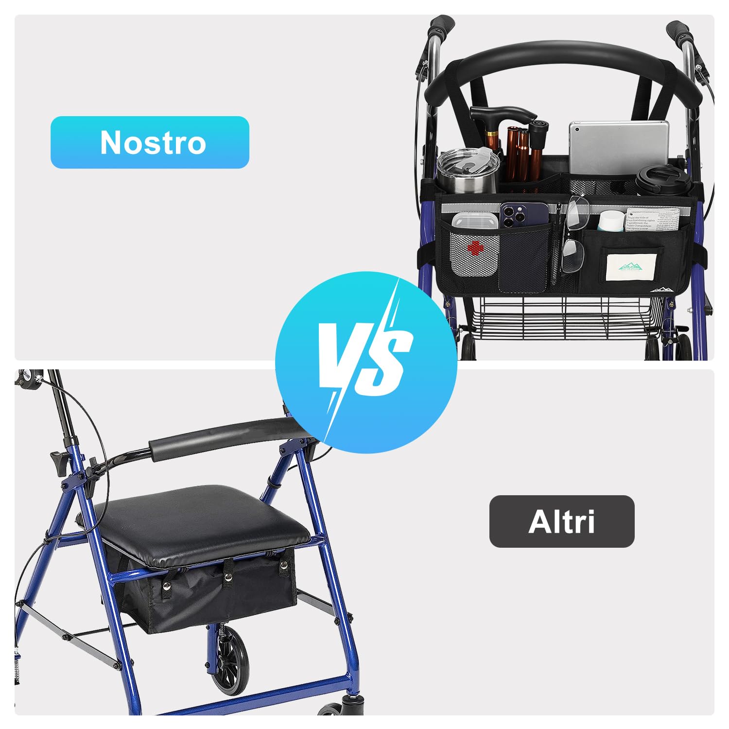 supregear Cestino Rollator, Grande Capacità Organizzatore Borsa con Svariate Tasche, Borsa di Stoccaggio Pieghevole Universale Impermeabile, Accessori per Rollator per Anziani, Nero