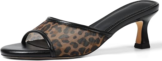 VOMIRA Heeled Sandals for Women Round Open Toe Slip On Kitten Heels Slides Sandals Leopard Mesh Black Heels Summer Party D...