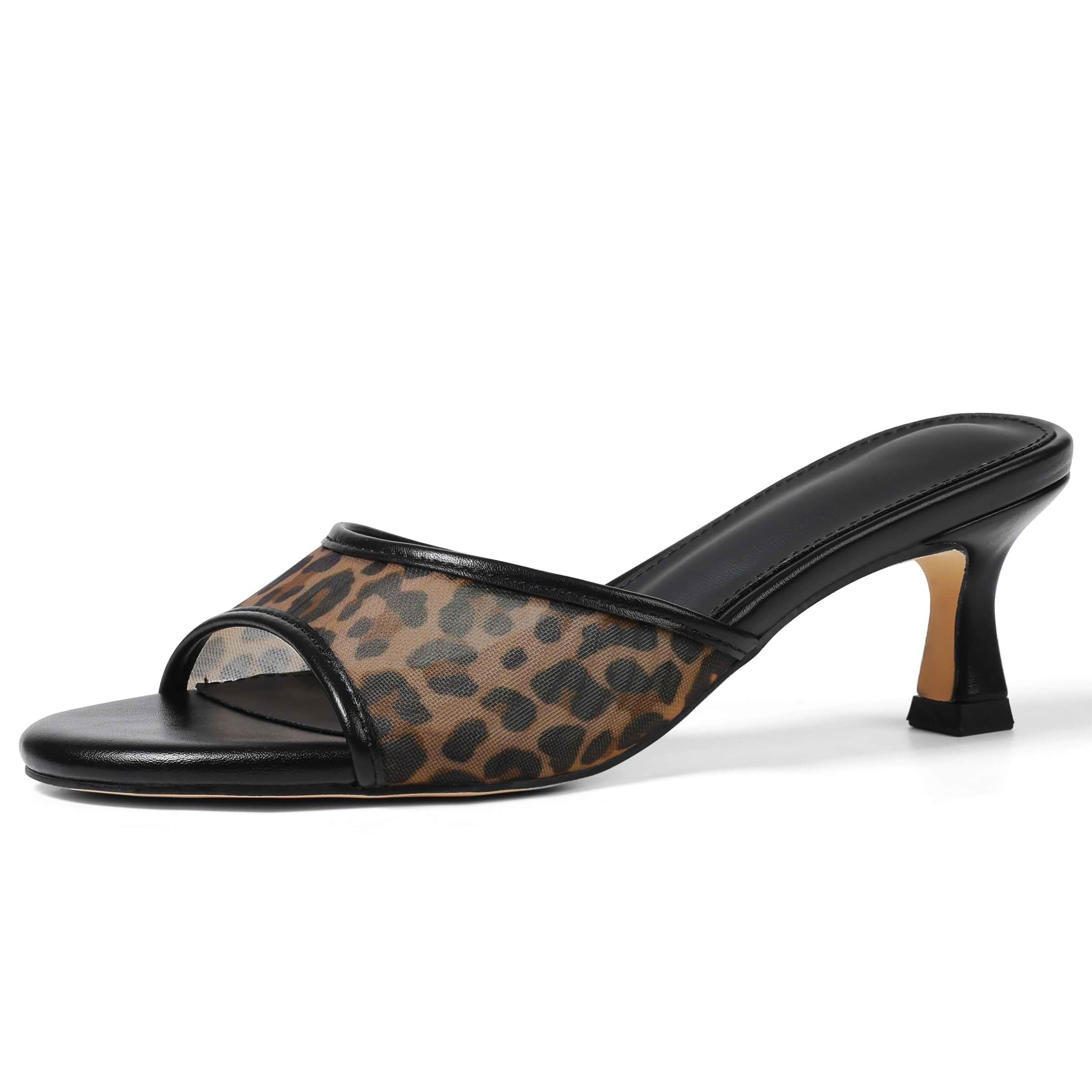 VOMIRA Heeled Sandals for Women Round Open Toe Slip On Kitten Heels Slides Sandals Leopard Mesh Black Heels Summer Party Dressy Heels Stiletto Slingback Heels