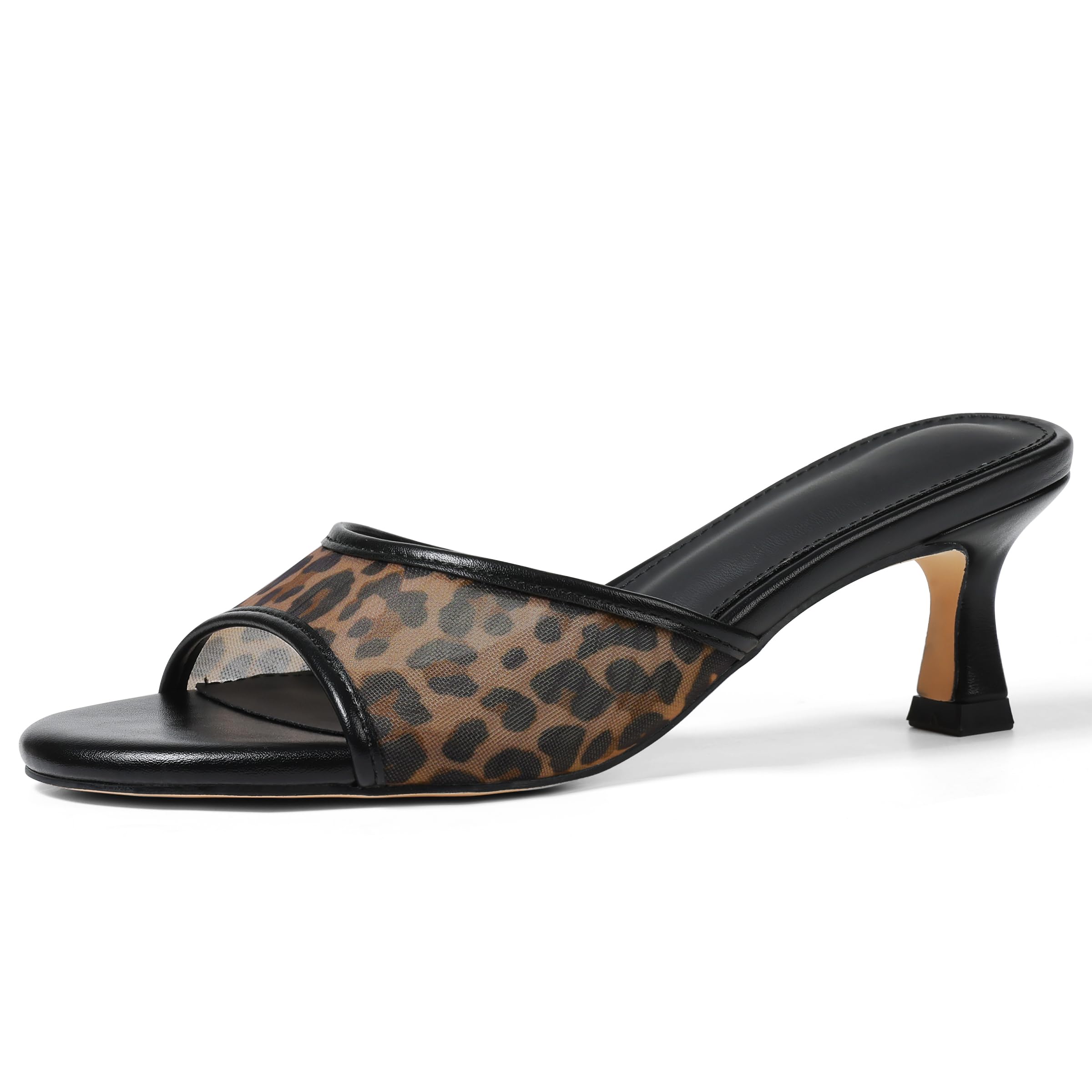 VOMIRA Heeled Sandals for Women Round Open Toe Slip On Kitten Heels Slides Sandals Leopard Mesh Black Heels Summer Party Dressy Heels Stiletto