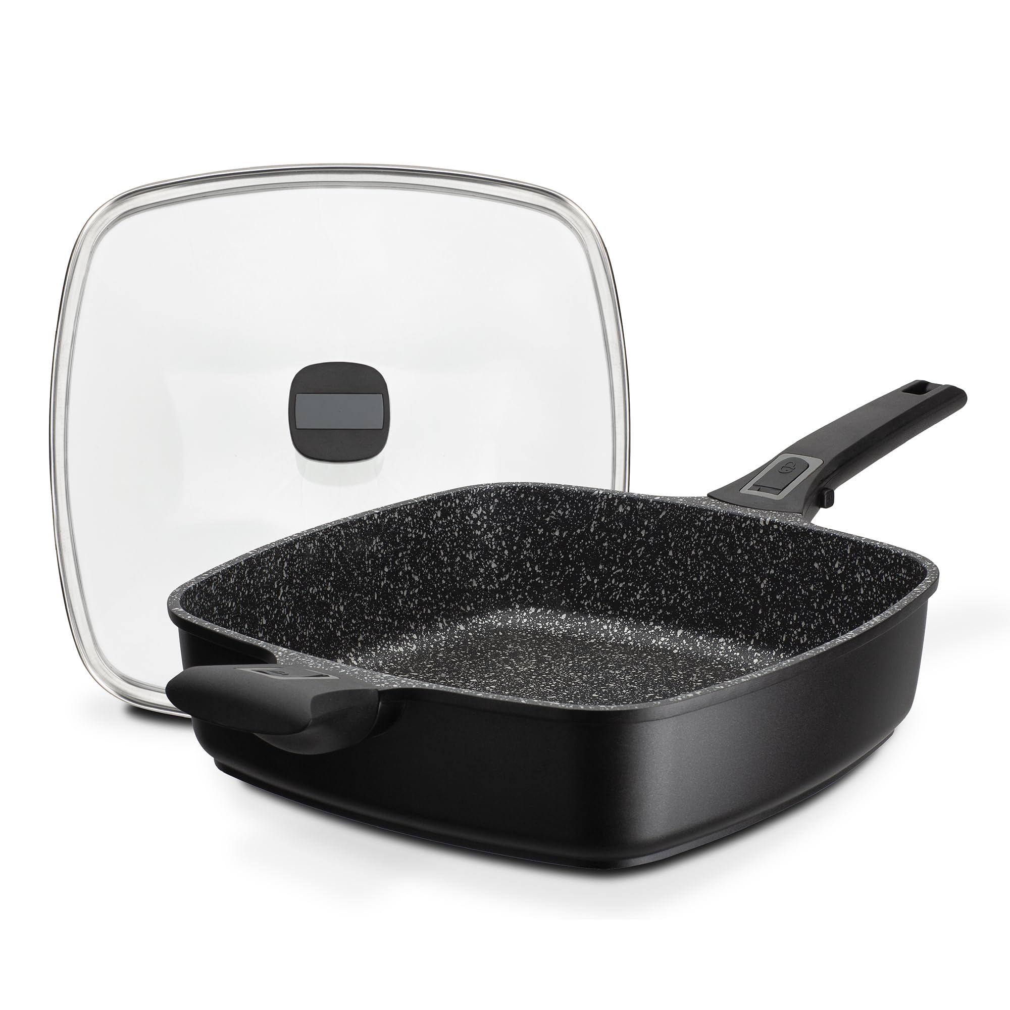GSW 168434 Brat- und Servierpfanne EASY CLICK Quadura mit Glasdeckel und Gegengriff, Aluminium, schwarz - 28x28cm