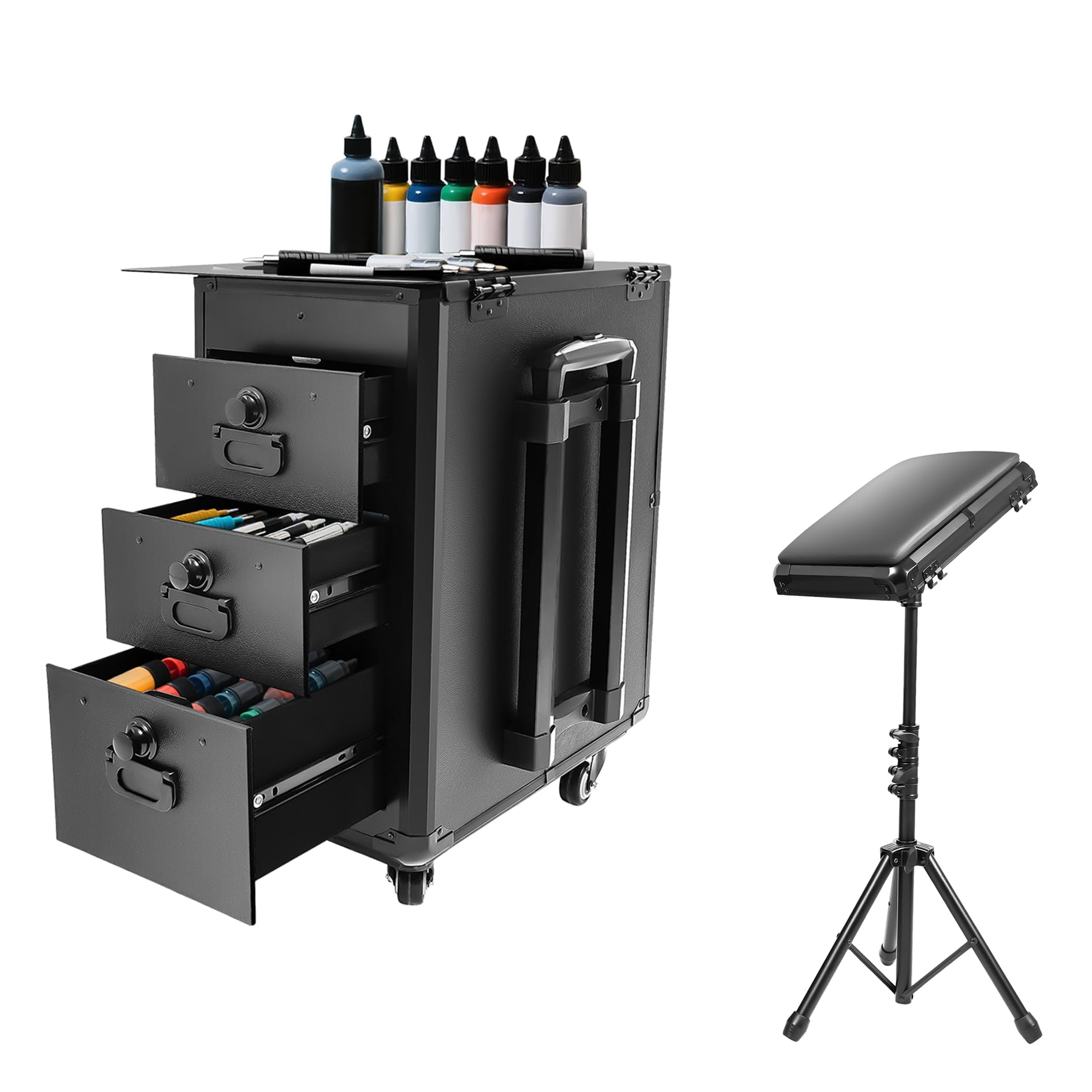 Kosmetikkoffer Trolley mit 3 Schubladen und 1 Abnehmbares Stativ | Professioneller Nagelkoffer mit Rollen für Make-up-Artisten Friseuren, 42×28×53cm