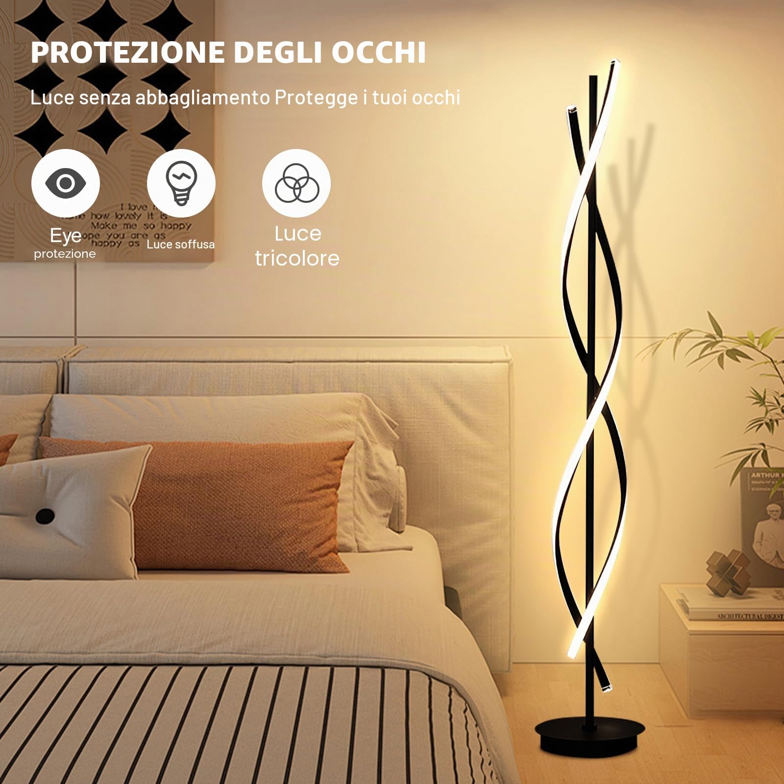 Lampada da terra a LED per soggiorno, dimmerabile, moderna, a spirale, per soggiorno, camera da letto, cameretta dei bambini (155 cm, nero)