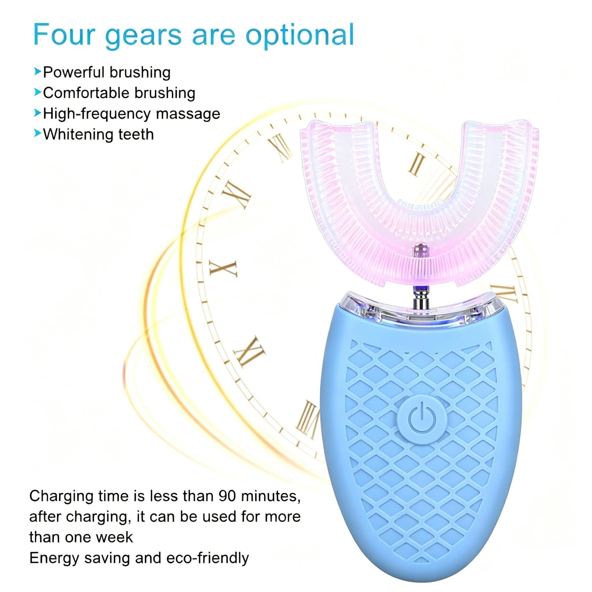 Fyearfly Spazzolino elettrico sonico a 360 gradi, a forma di U, per adulti, con 4 modalità di pulizia, setole in silicone morbido, pulizia completa in 30 secondi, ricaricabile (blu)