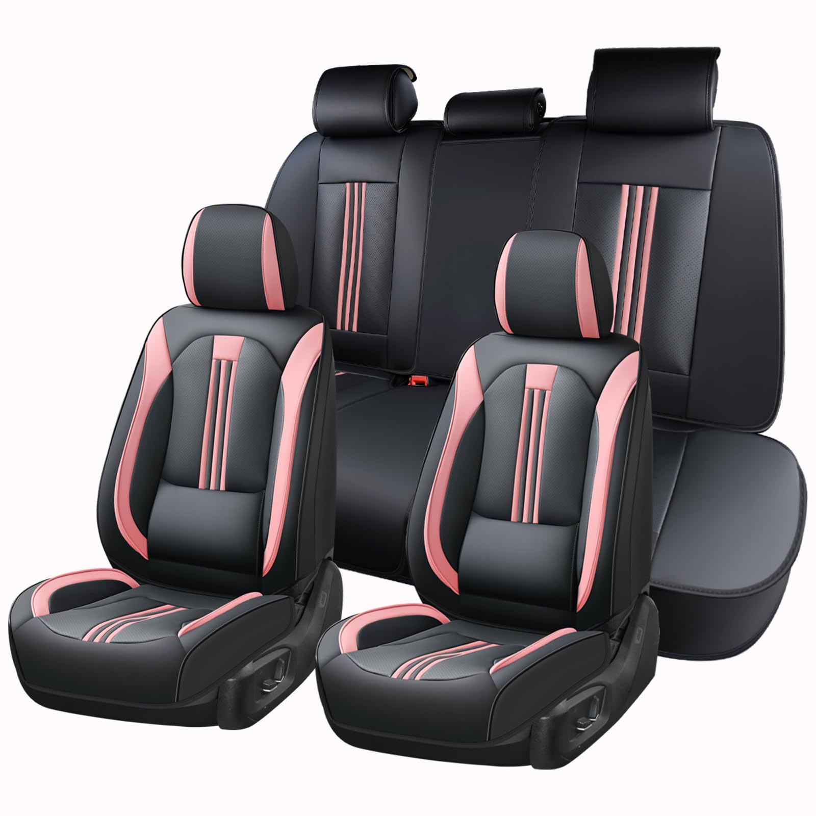 Huidasource Car Seat Cover, Seat Covers Nappa Leather with Lumbar Support, Side Elastic Fabric, Velcro Adjustable, Airbag, Ventilation Heating, Universal Fit for Most Cars SUV Trucks, Black&Pink