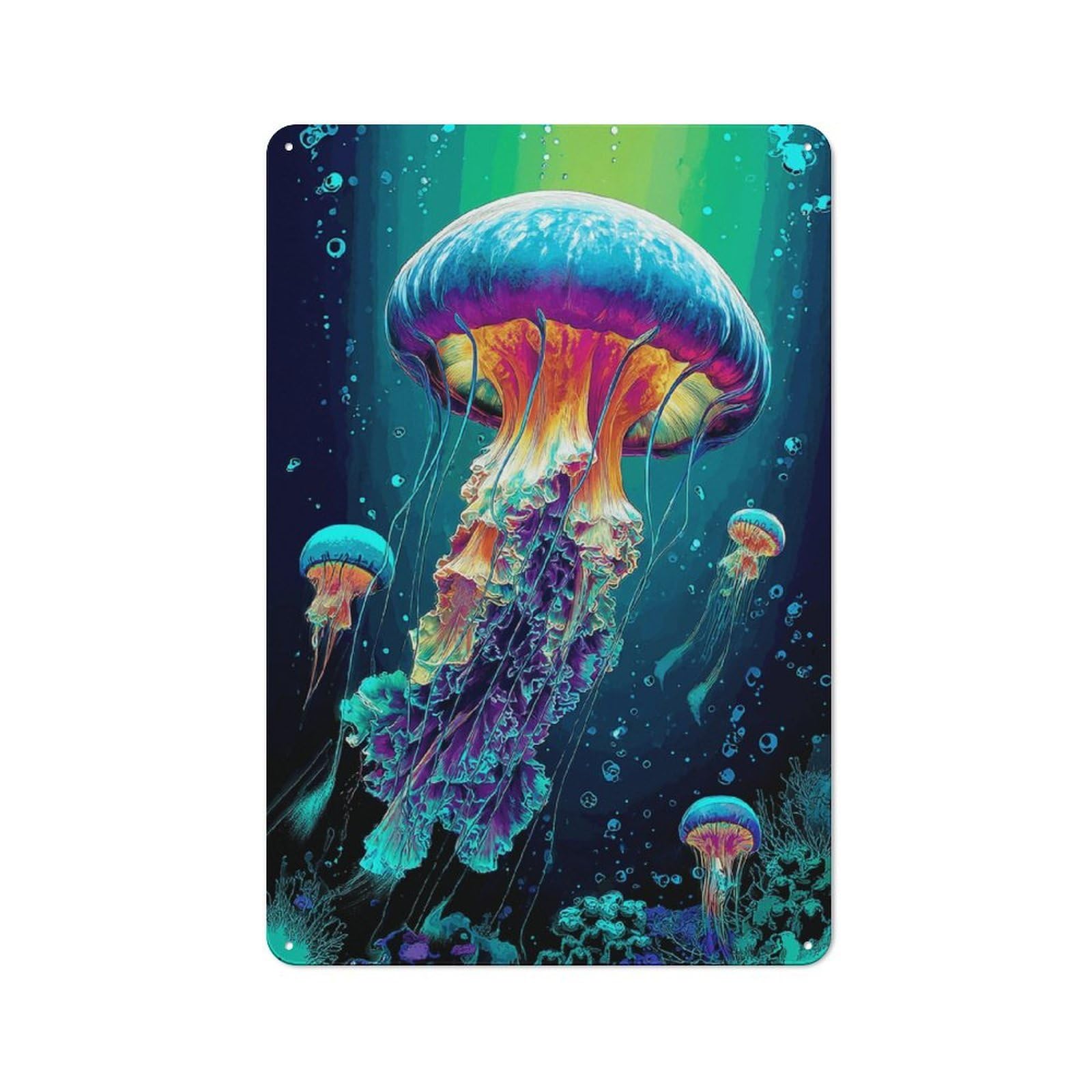 Junmoney Neon Jellyfish In Deep Blue Waters Cottage Metal Wall Decor 30X20cm, Shed Metal Sign For Conservatory, Home Bar Or Utility Room