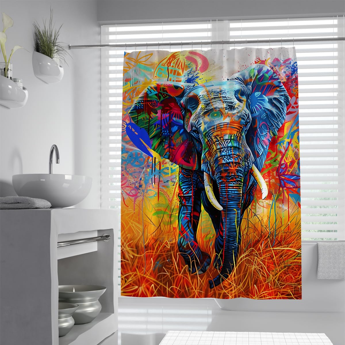 Zeitgenössische Tierkunst Duschvorhang Elefant mit bunten Graffiti-Badewannenvorhängen mit Haken Easy Care Polyester für das Badezimmer 150 x 200 cm