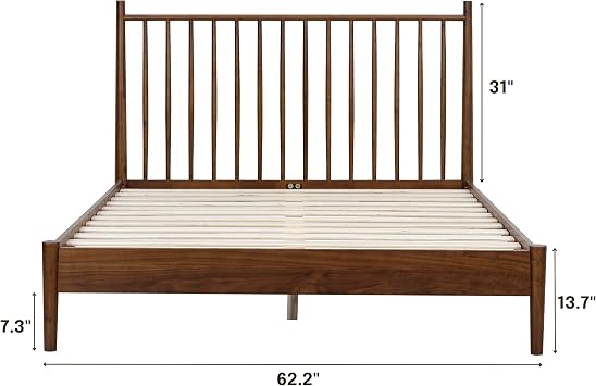 NTC Inno Wooden Bed Frame with Headboard, Solid Oak and Rubber Wood Foundation with Silent Slats and Wood Central Supports, 1000 Lb Capacity, Effortless Assembly, Queen - Dark Walnut
