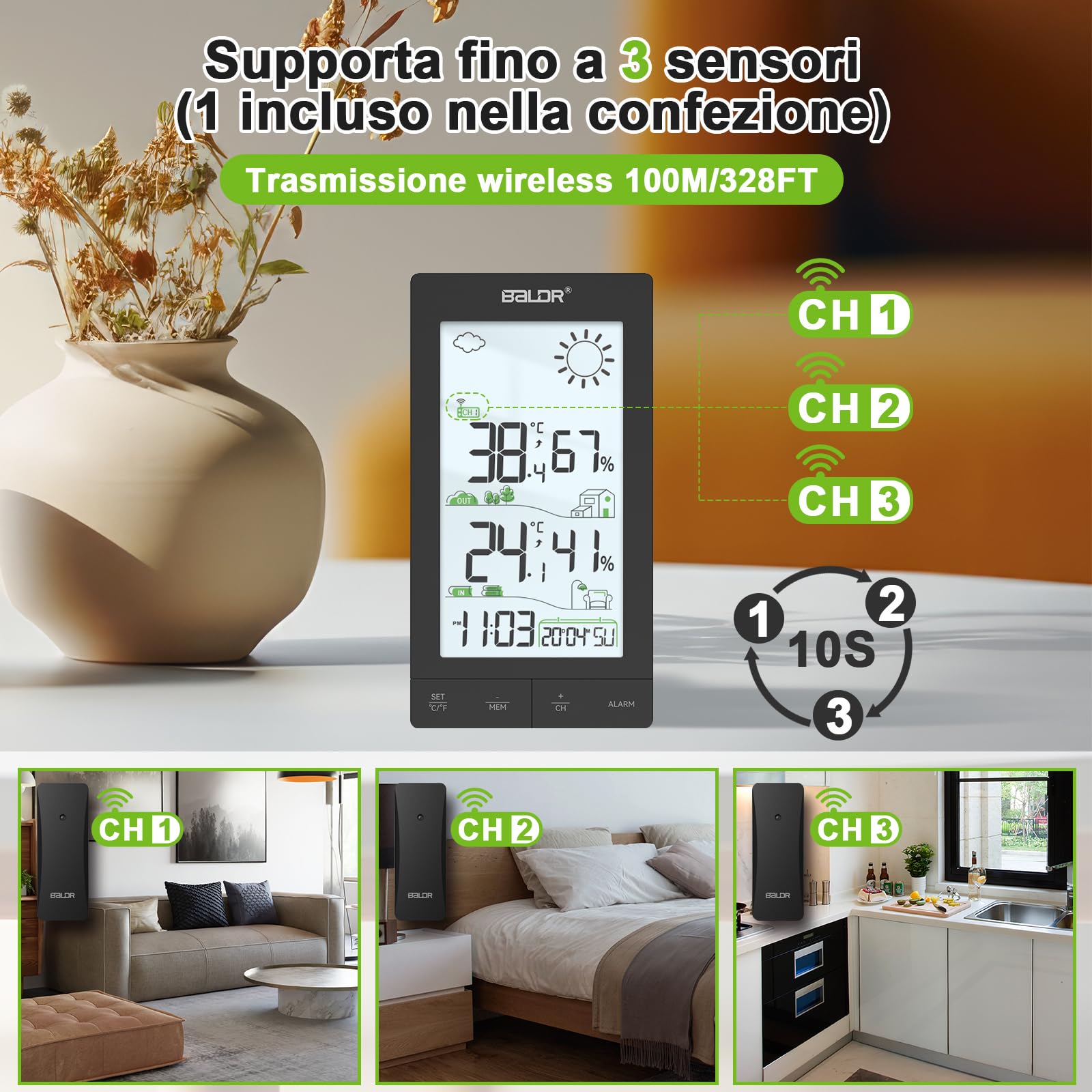 Stazione Meteo con Sensore Esterno, Display LCD 6.0", Termometro Igrometro, Previsioni, Sveglia Snooze