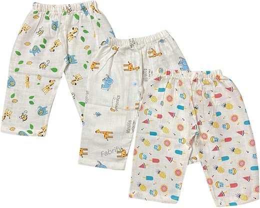 Fabrify Muslin Cotton Baby Pants/Diaper Fit/Pyjama/Leggings for Boy and Girl (Pack of 3) Multicolor