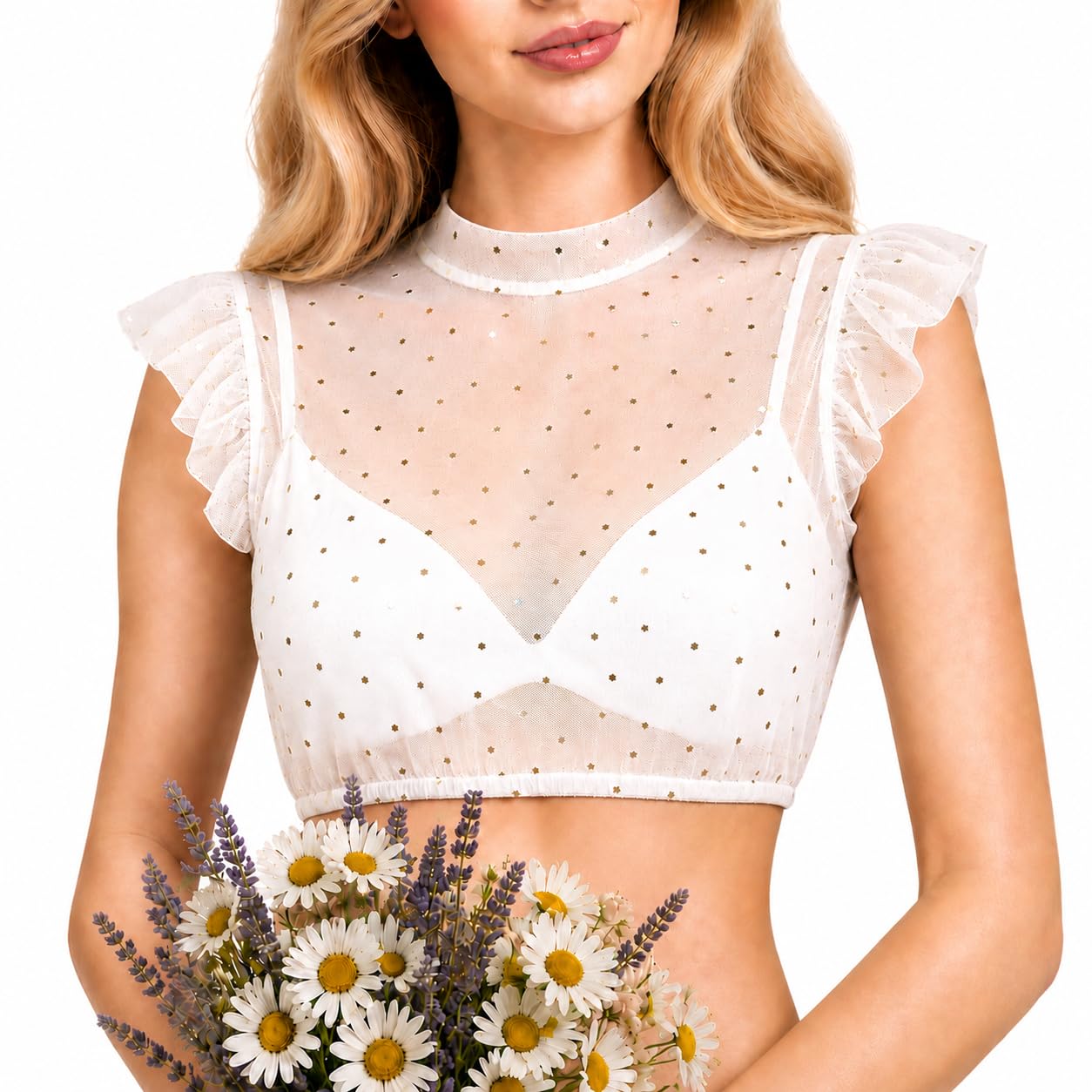 Etrsair I Dirndl Bluse Damen Weiß- Transparent Dirndlbluse Flügelärmel Trachtenbluse mit Flügelärmeln Punkten DirndlBlusen Trachtenblusen für Oktoberfest & Bayerische
