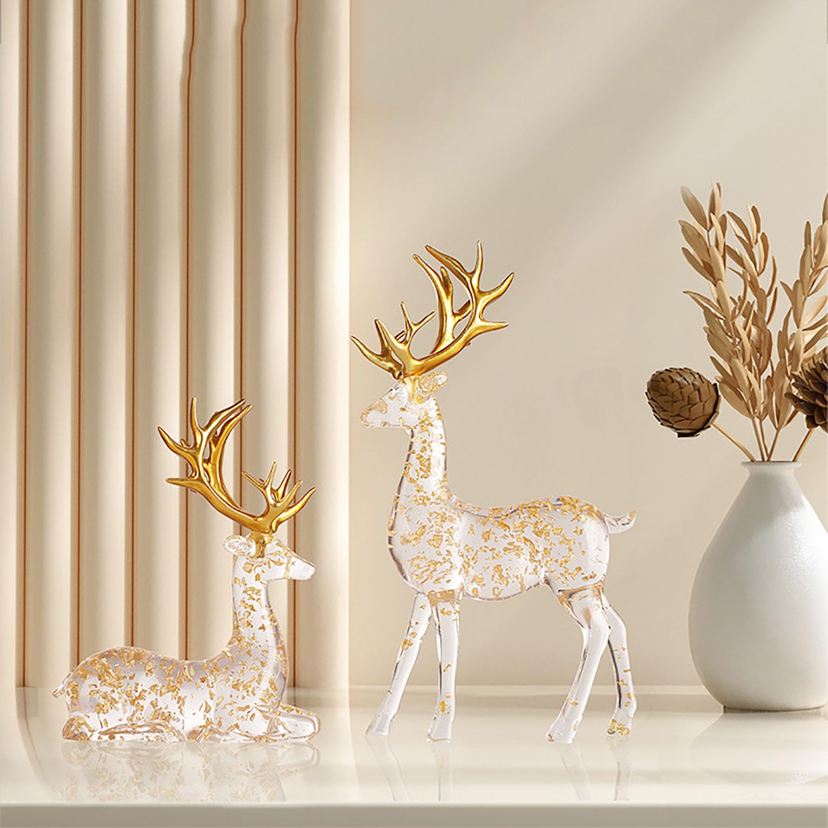 2pcs Cerf Figurines de Noël Dorées Décoration, Luxe Sculptures en Résine et Cristal Cadeau de Noël Décor d'intérieur,Clear