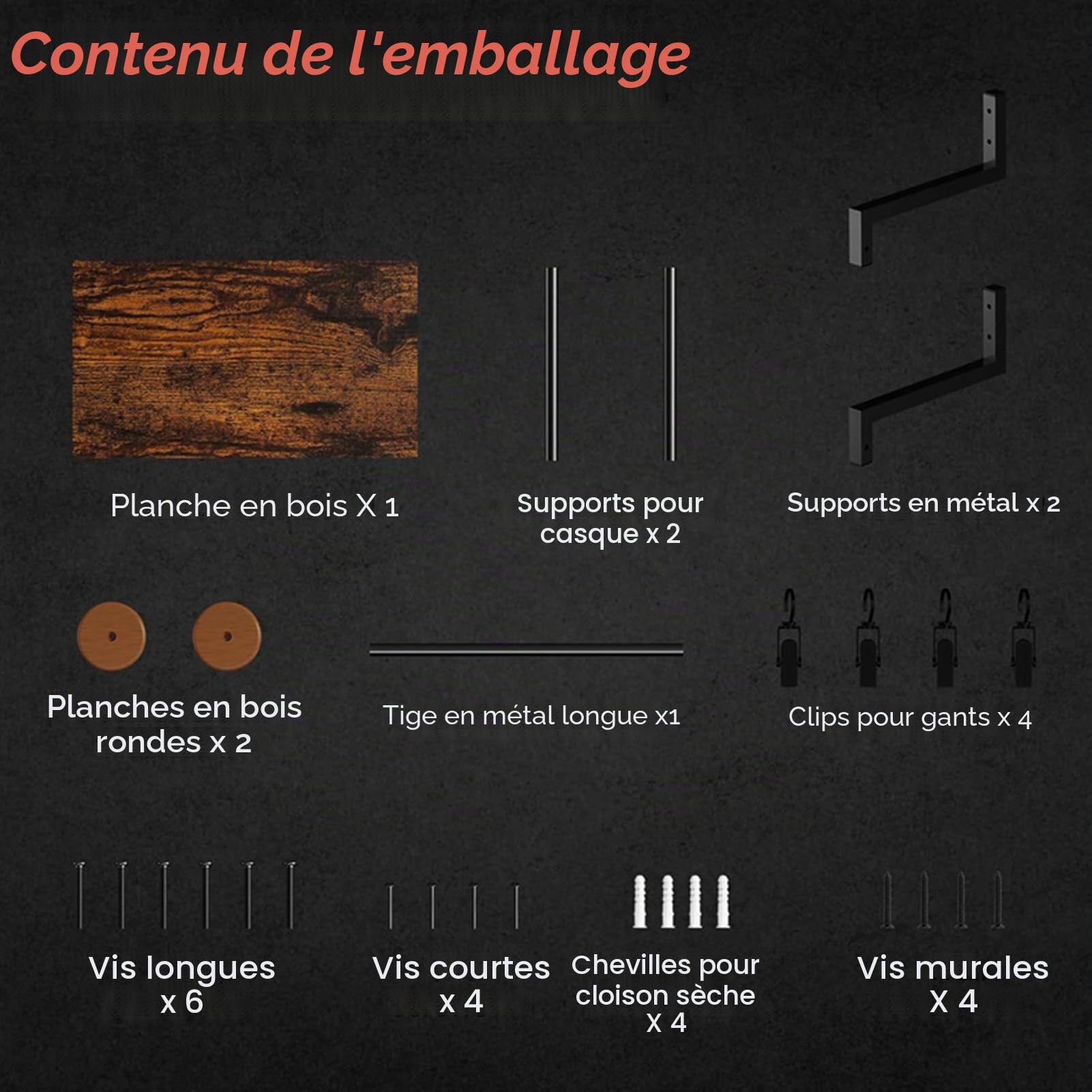 Support mural pour casque moto rétro, porte-casque en bois et métal avec 4 clips de suspension, peut accrocher 2 casquettes – rangement pour veste, gilet tactique