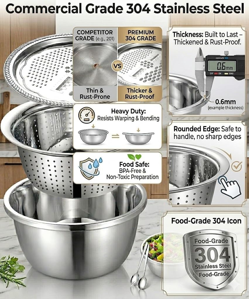 Round Bowl With Lid for Grading,Slicing,Then Spin,German Quality 3-In-1 Stainless Steel Grater Bowl,Fast Prep Slicer Bowl for Kitchen,Salad,Vegetable (11.02in/28cm)