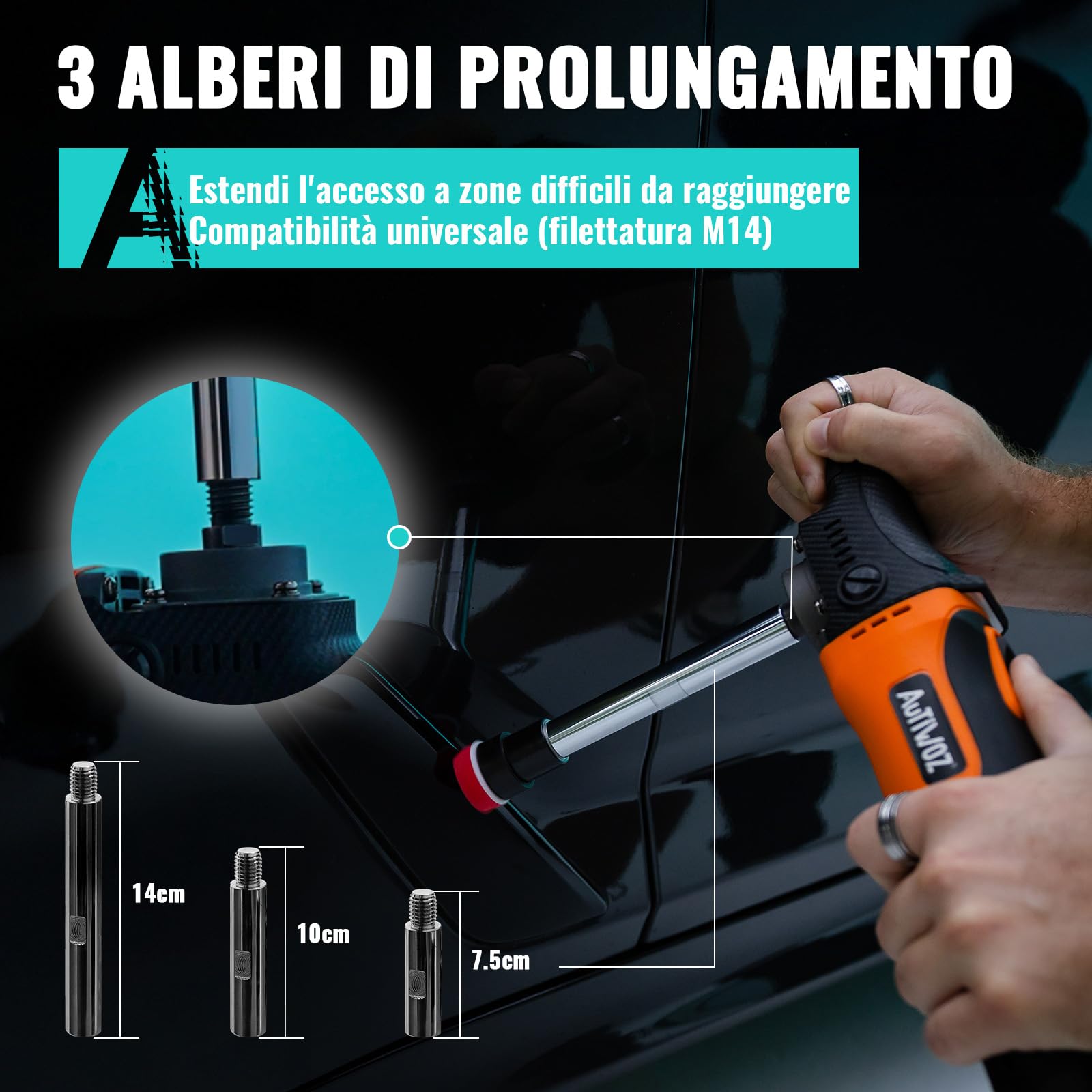 AUTIWOZ Mini lucidatrice per auto, 600 W, con 6 velocità variabili 2800-6800 giri/min, manico laterale rimovibile, albero di prolunga filettato 25 mm, 50 mm, 75 mm