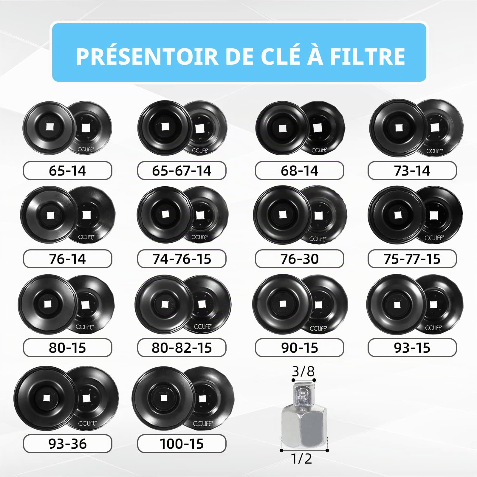 Lot de 15 cloches pour filtres à huile, clés pour filtre à huile, outils