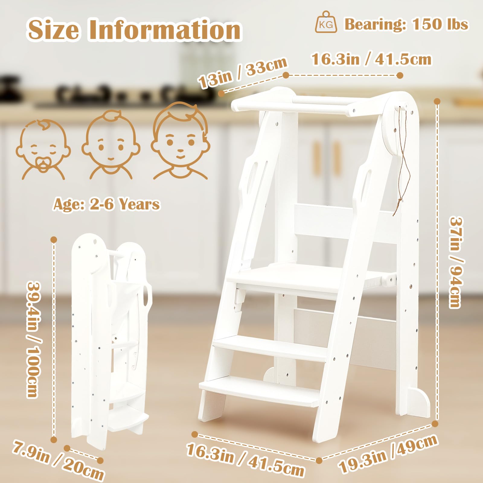 FUNLIO Taburete Plegable para niños de 2 a 6 años con Altura Ajustable de 3 Niveles, Taburete de Cocina Plegable con rieles de Seguridad, Taburete Montessori, fácil de Montar, Color Blanco