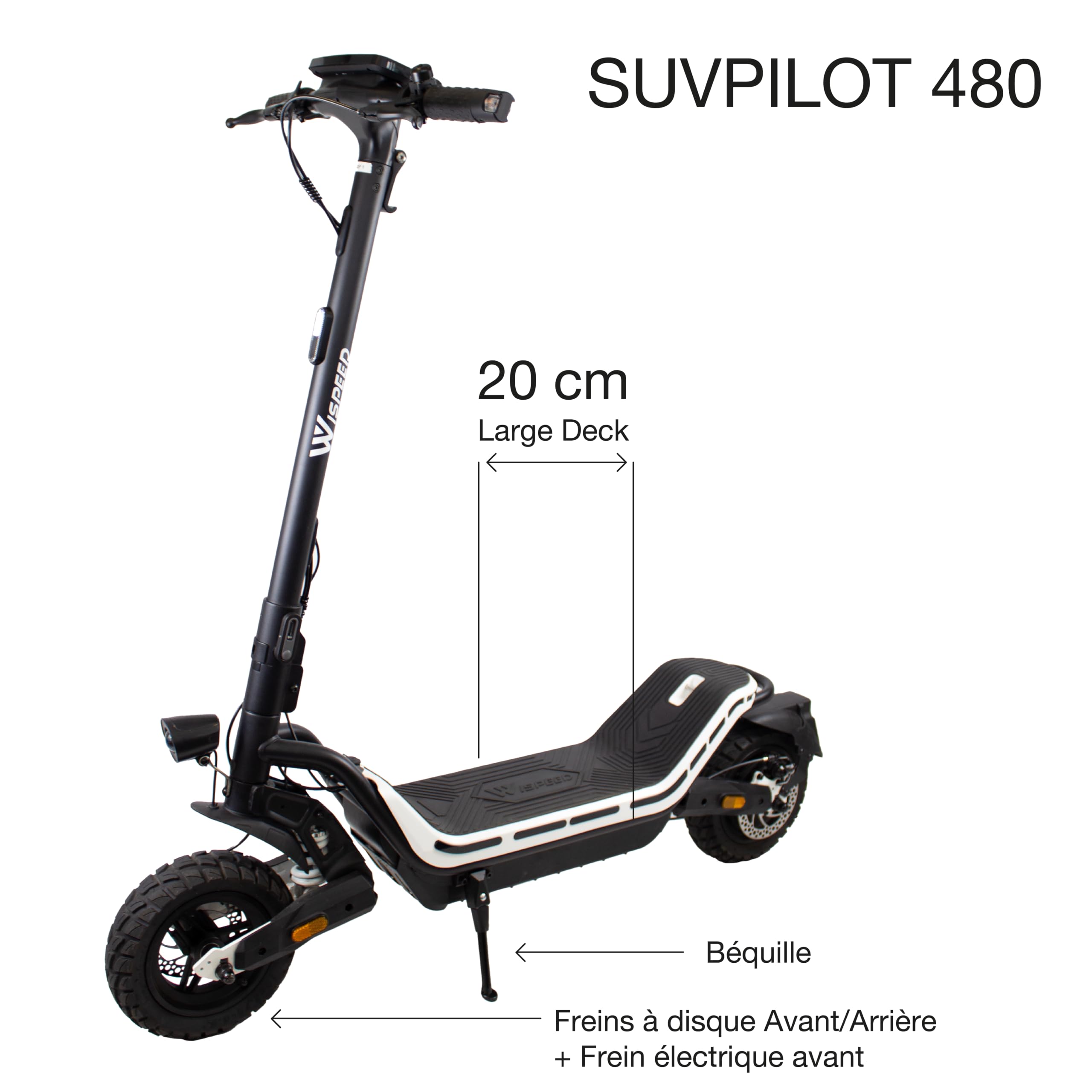 Wispeed - SUVPILOT 480 - Trotinette électrique Off Road - 900 W - Pliable - Pneu Cross 10" - 60km - 25km/h - Deck Ultra Large 20cm - IP65 - IPX6 - Écran LED - Double Frein - Double Suspension - Noir