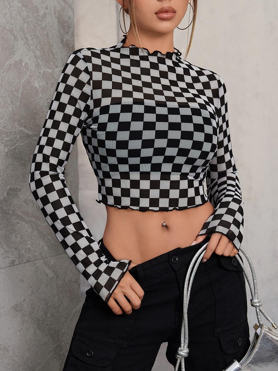 SOLY HUX Women's Plaid Sheer Mesh Tee Mock Neck Long Sleeve Lettuce Trim Crop Tops T Shirt - Image 3