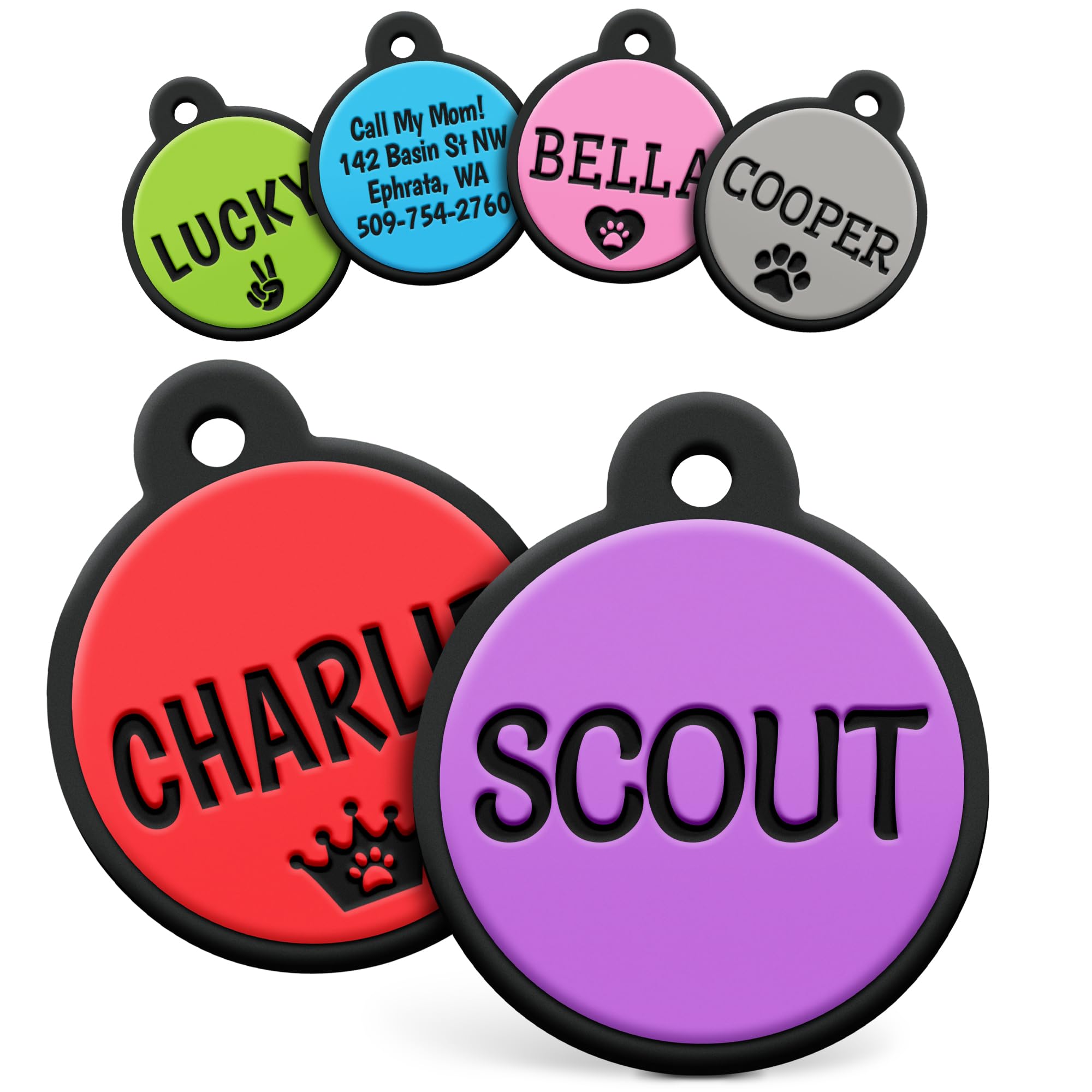 GoTags Silicone Dog Tags, Soundless Pet Tag, Personalized Silent Tag Engraved for Pets with Cute Custom Designs, for Dogs and Cats, (Round, Purple)