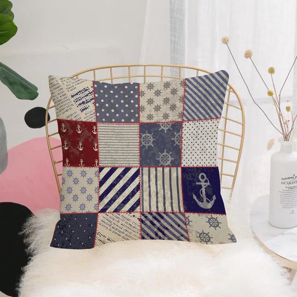 HYOSXW Cushion Cover,Throw Pillow Case Home Decorative for Living Room Bedroom Sofa Chair 16X16 Inch,Blue, white and red plaid patchwork with l elements,Pillowcase 40X40cm