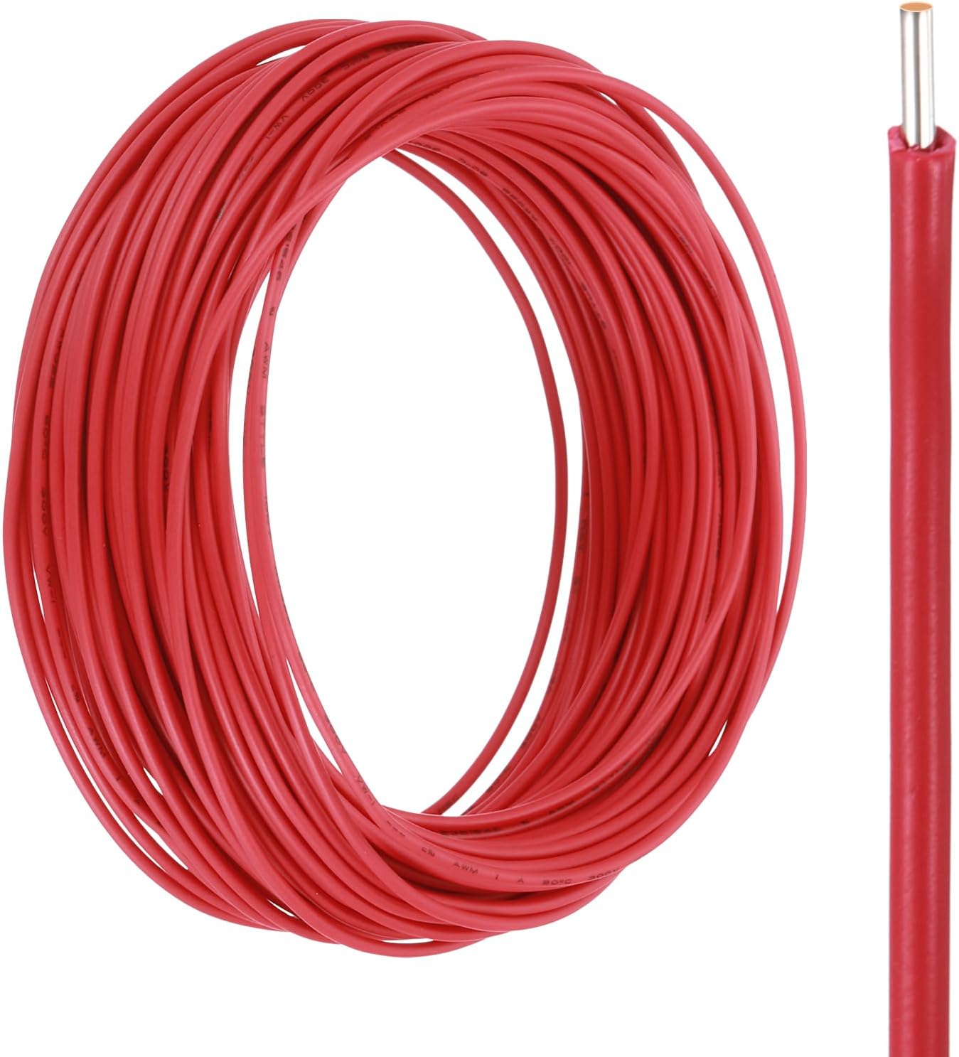 UL1007 Solid Core Wire, 24 Gauge 50FT 300V 24 AWG Electrical Wire Tinned Copper PVC 80 Degree High Temp Internal Wiring for Fixed Installations, Appliances, Red