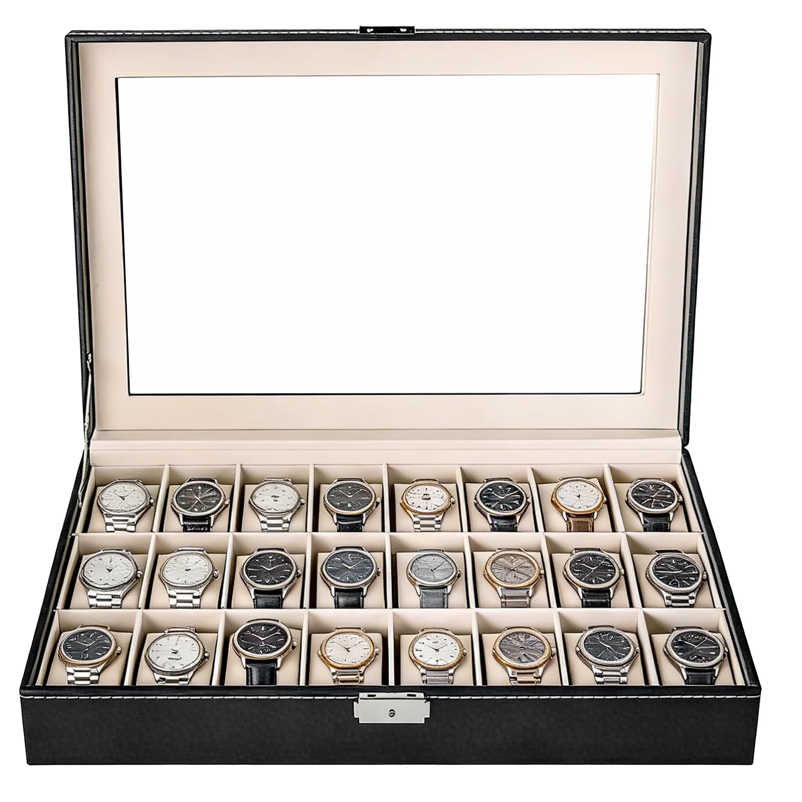 NYXOVA Scatola per orologi con 24 scomparti con serratura, in pelle PU, organizer per orologi con cuscini rimovibili per uomini e donne, organizer per gioielli per orologi, viaggi e uso domestico